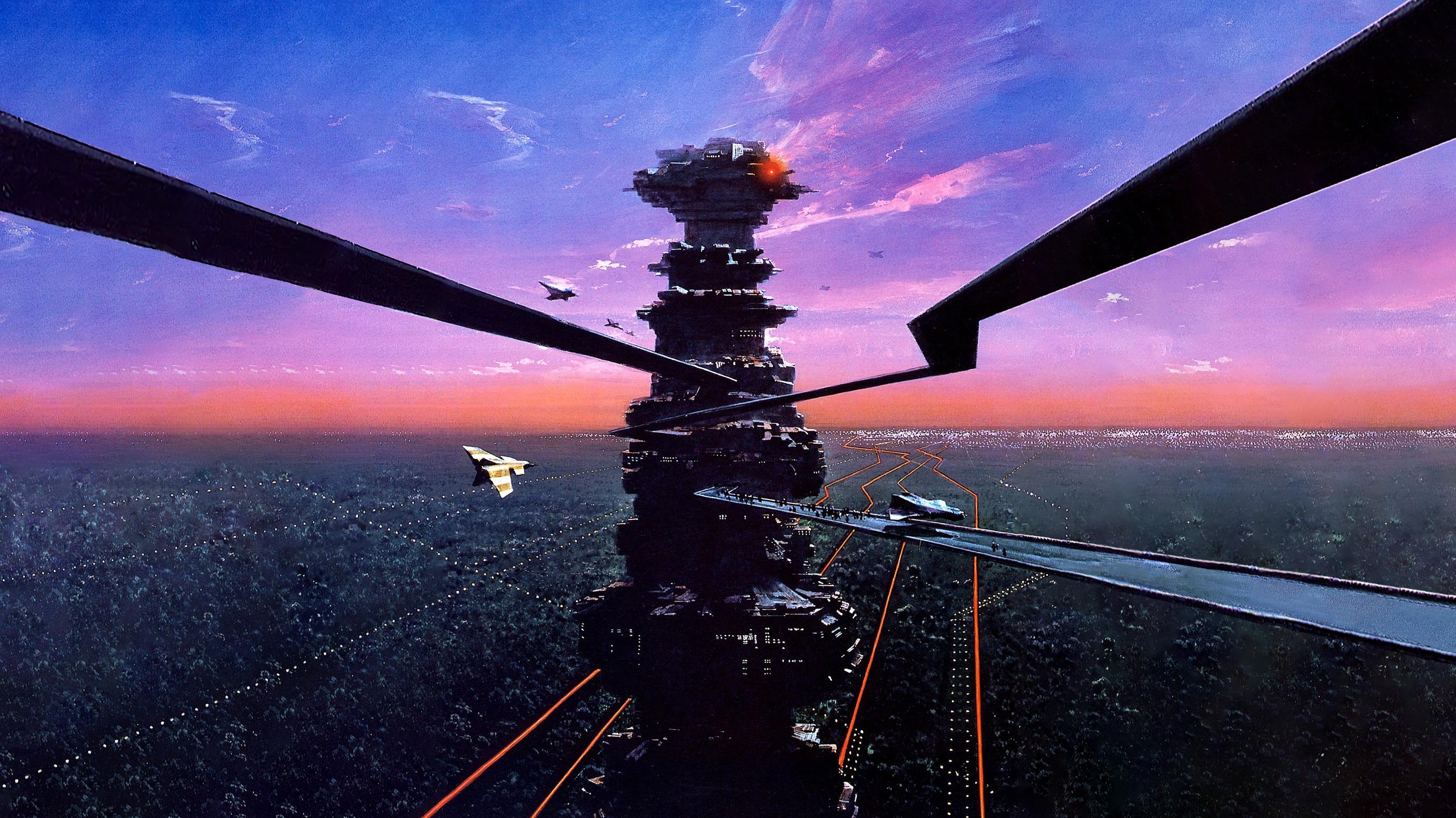 Cyberpunk cityscape with futuristic tower and flying vehicles HD Wallpaper