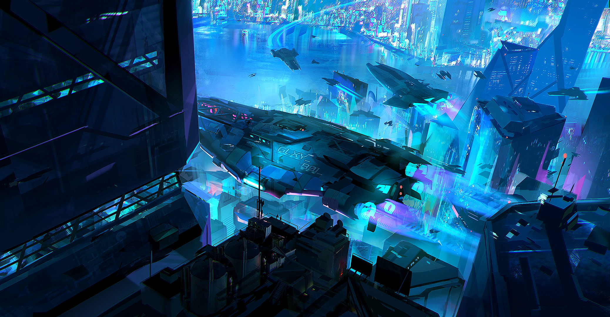 Sci-fi city with spaceships HD Wallpaper