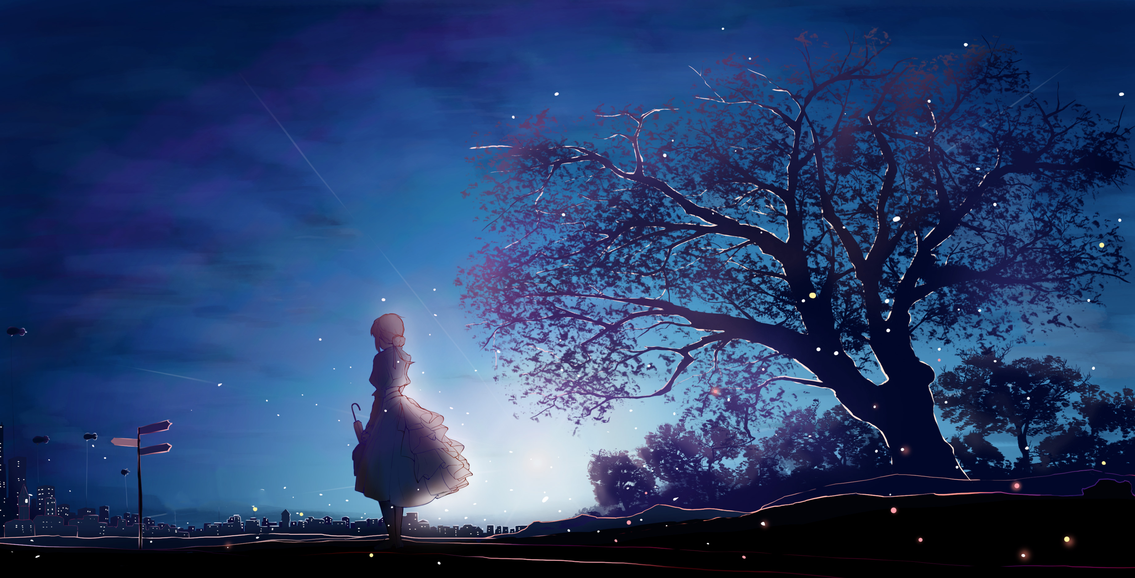 Violet Evergarden standing under a tree at night HD Wallpaper