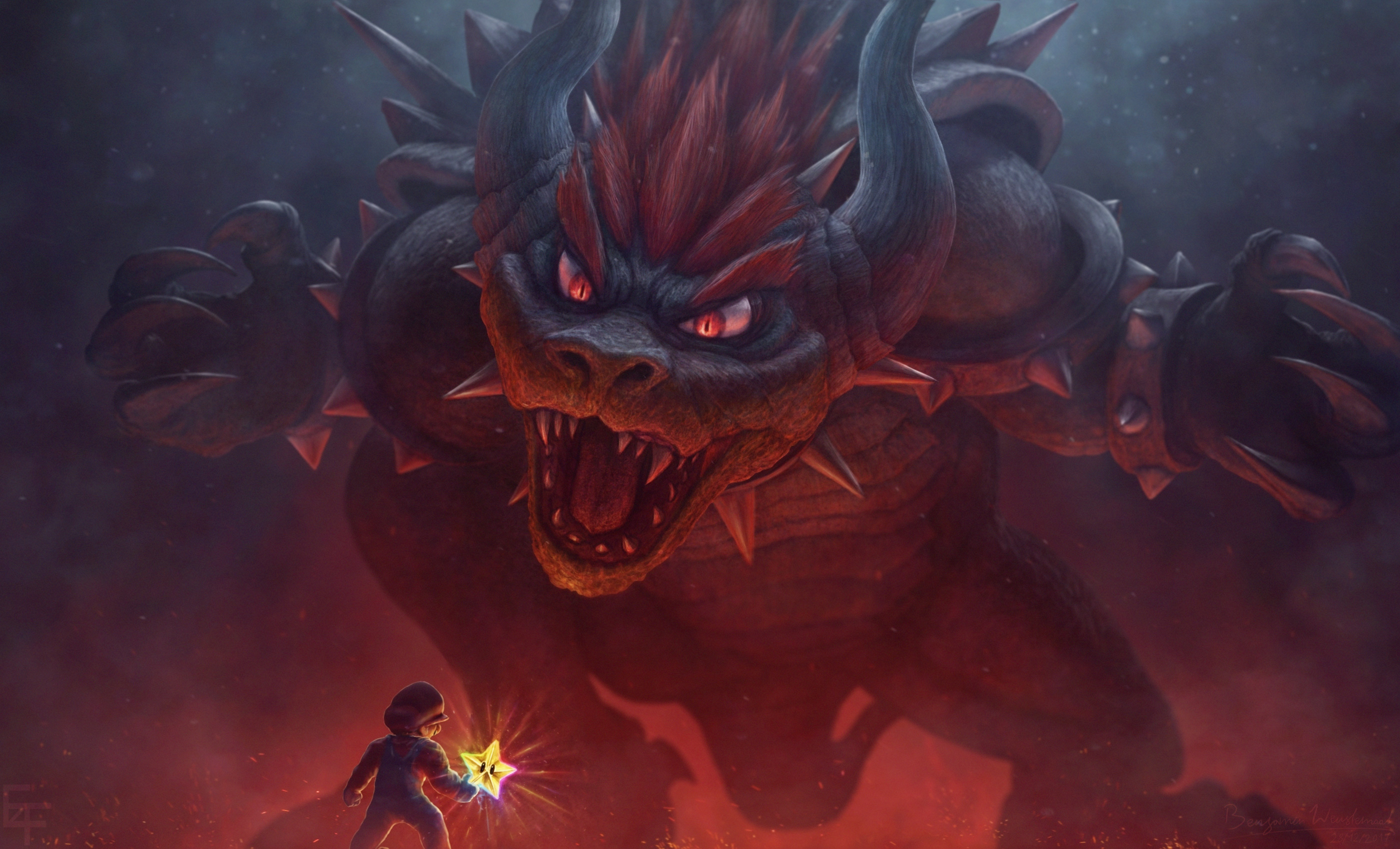 Epic Mario Confronting Bowser in Fiery Battle HD Wallpaper