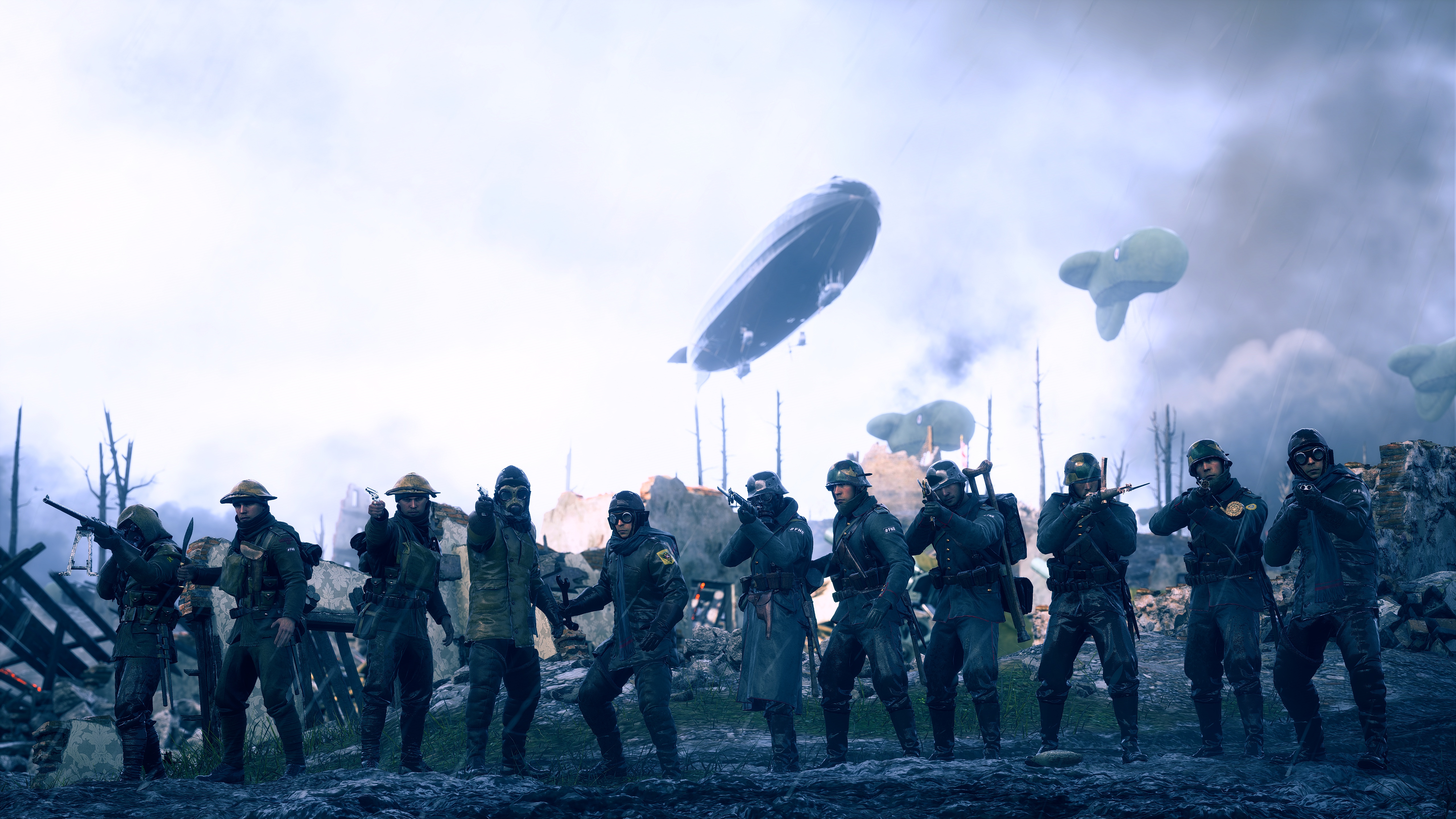Soldiers on a battlefield with airships HD Wallpaper