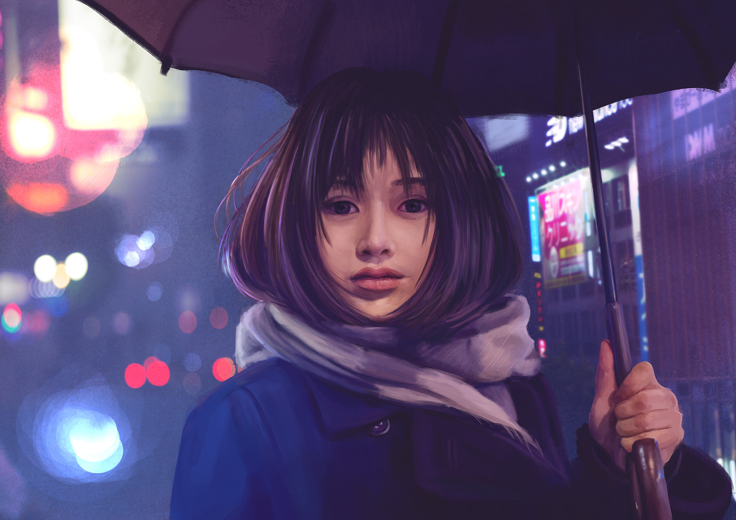 Asian girl with umbrella in city at night HD Wallpaper