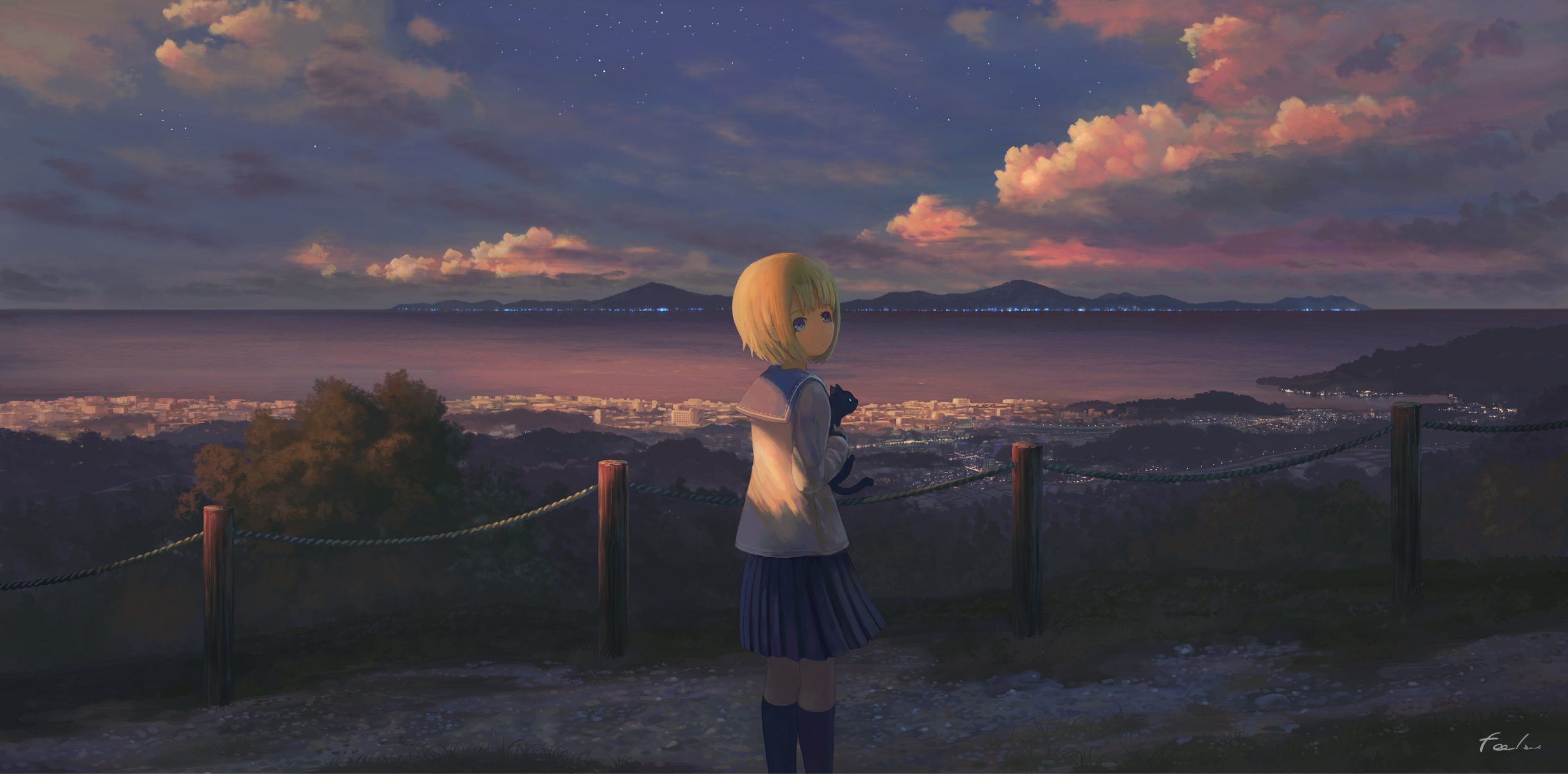Anime girl with cat overlooking city at sunset HD Wallpaper