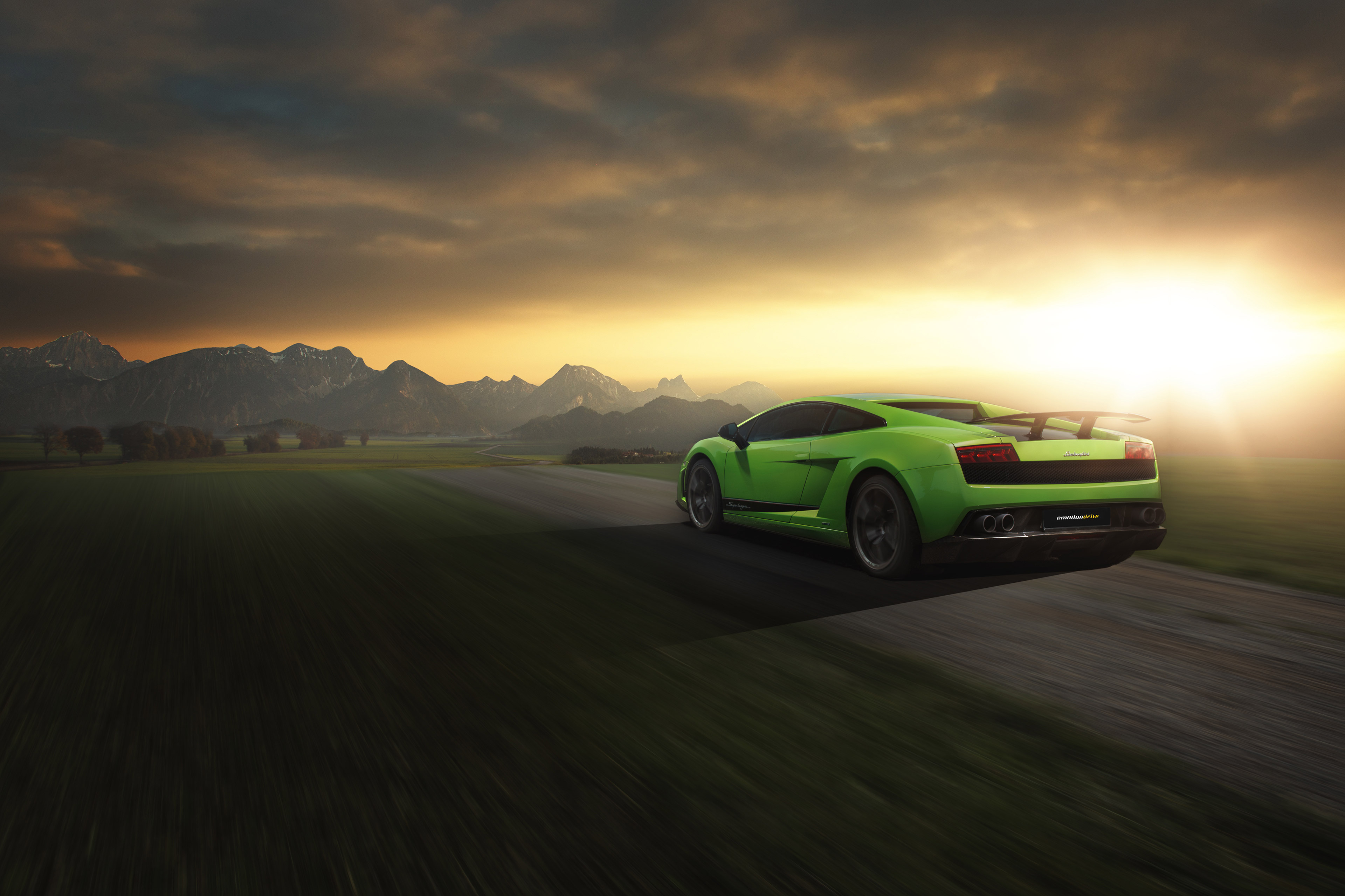 Green Lamborghini Gallardo driving at sunset HD Wallpaper