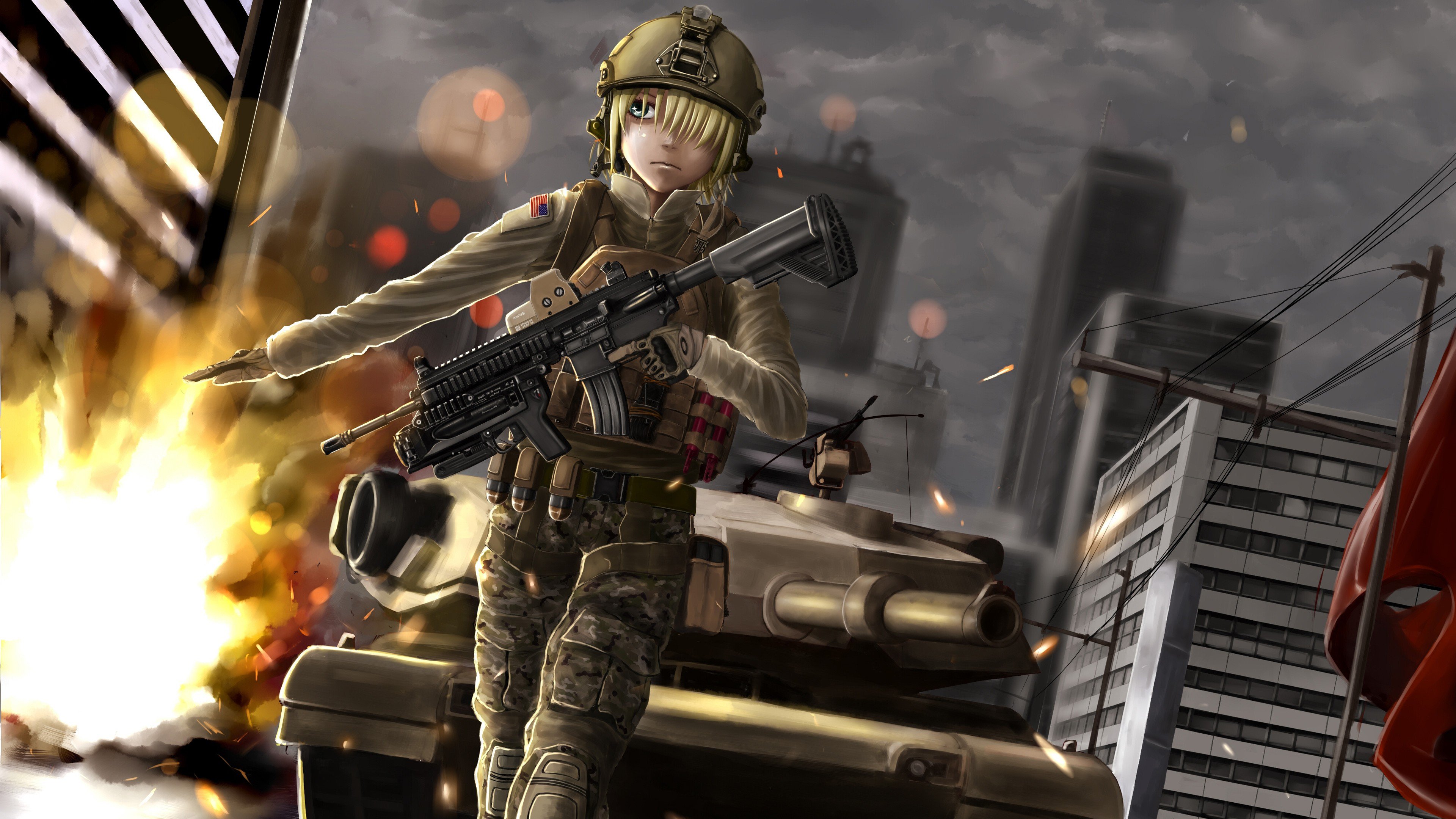 Anime soldier with rifle and tank in city HD Wallpaper