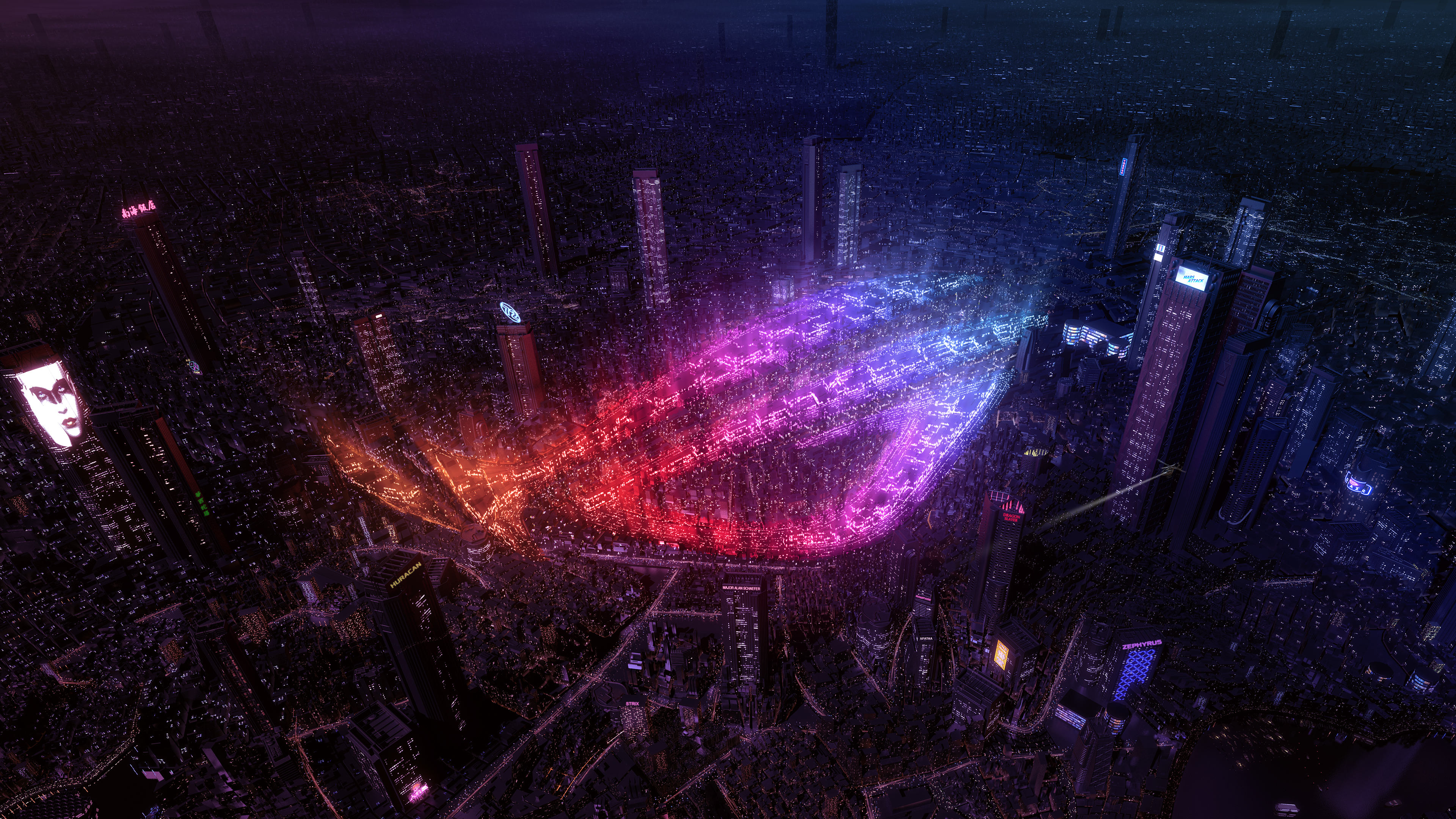 Republic of Gamers logo over a futuristic city HD Wallpaper