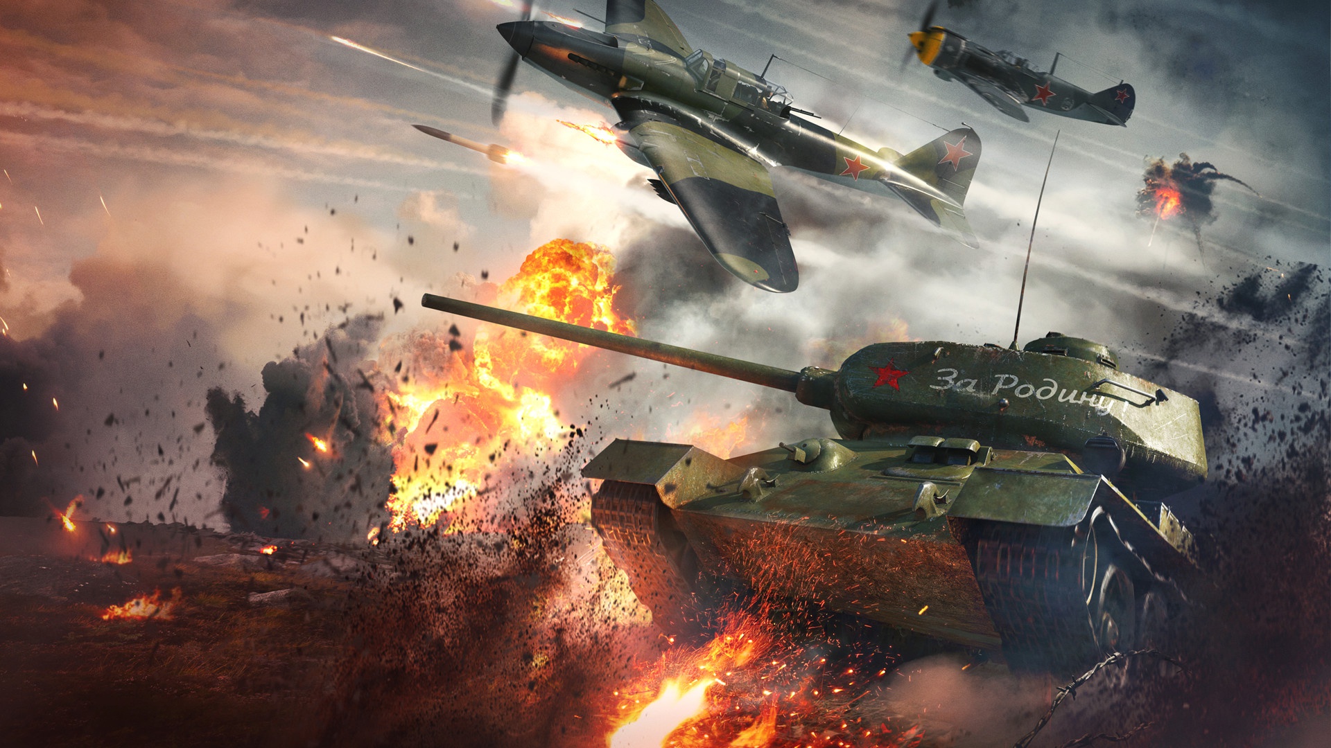 War Thunder Ilyushin Il-2 and T-34 Tank Battle HD Wallpaper