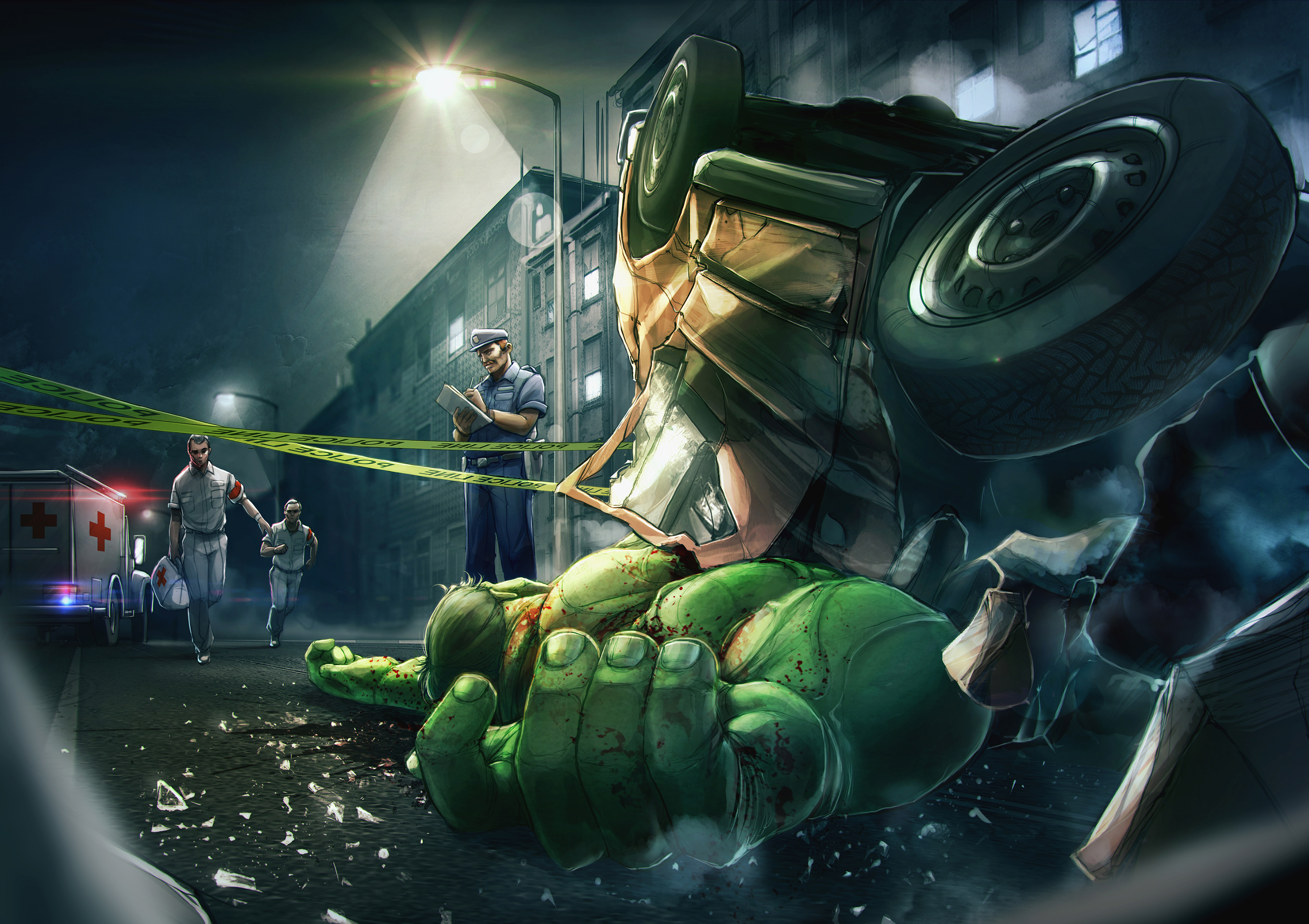Hulk from Marvel Comics at a crime scene HD Wallpaper