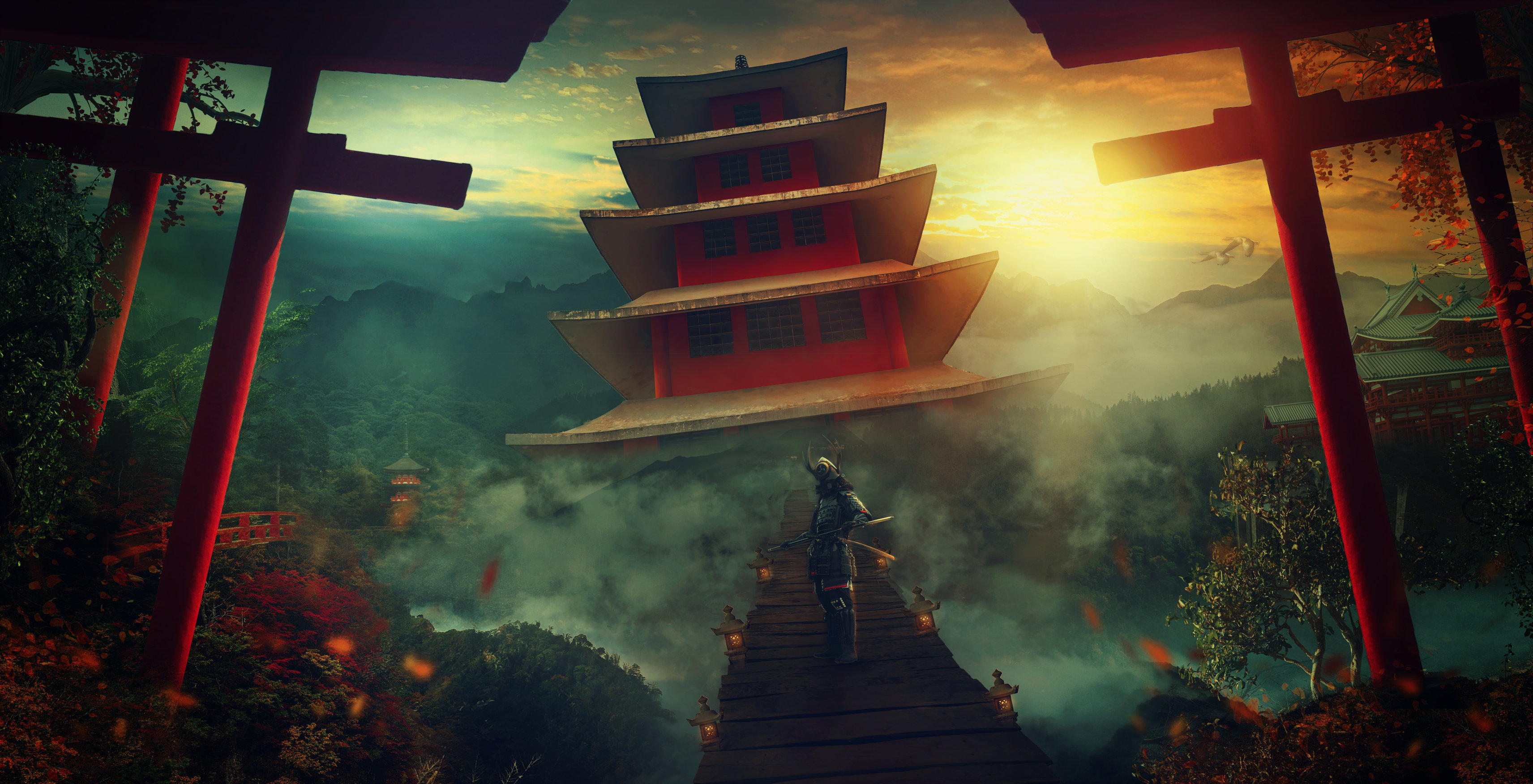 Samurai warrior on a bridge before a floating pagoda HD Wallpaper