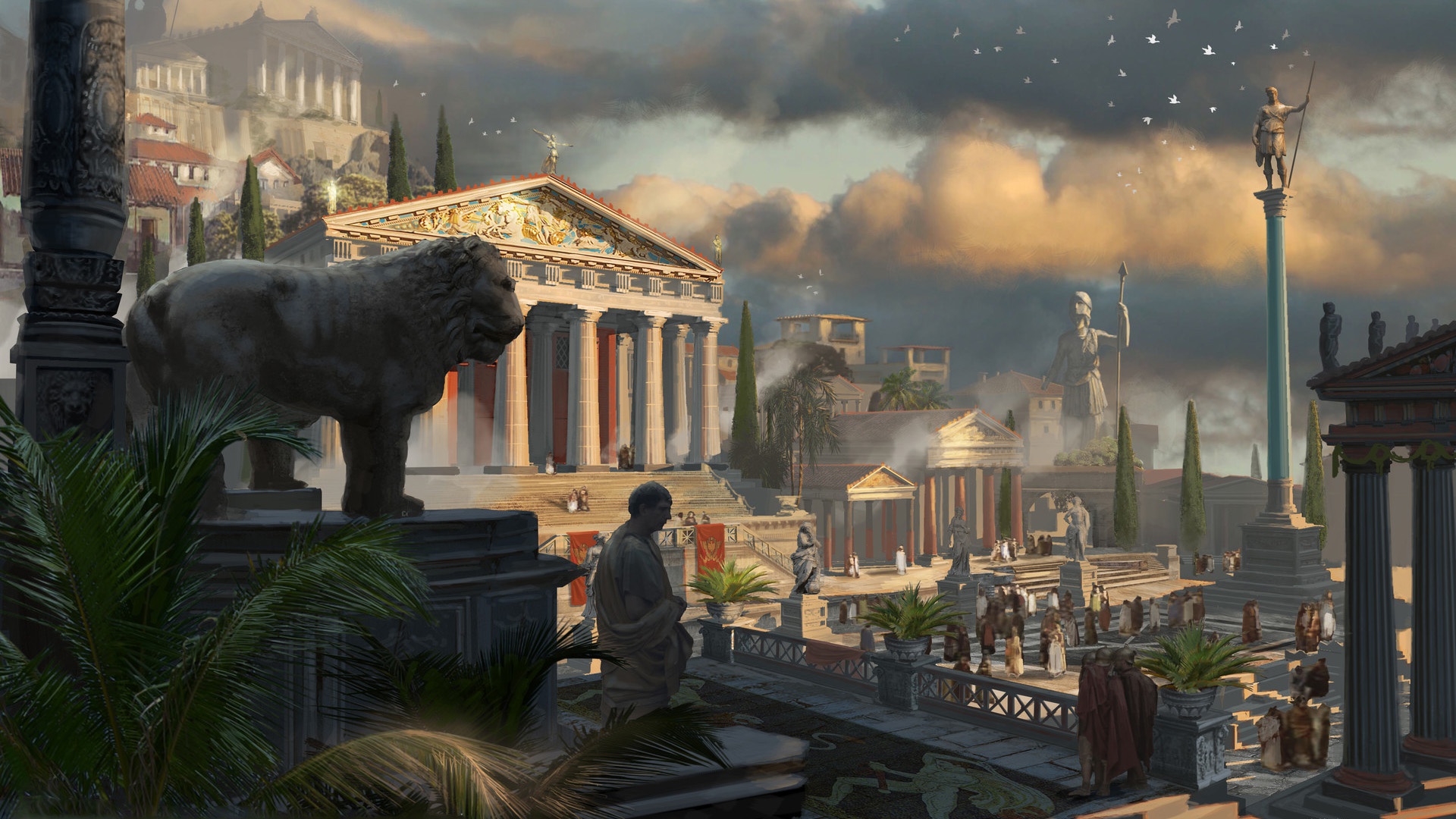 Ancient Roman city with statues and crowds HD Wallpaper