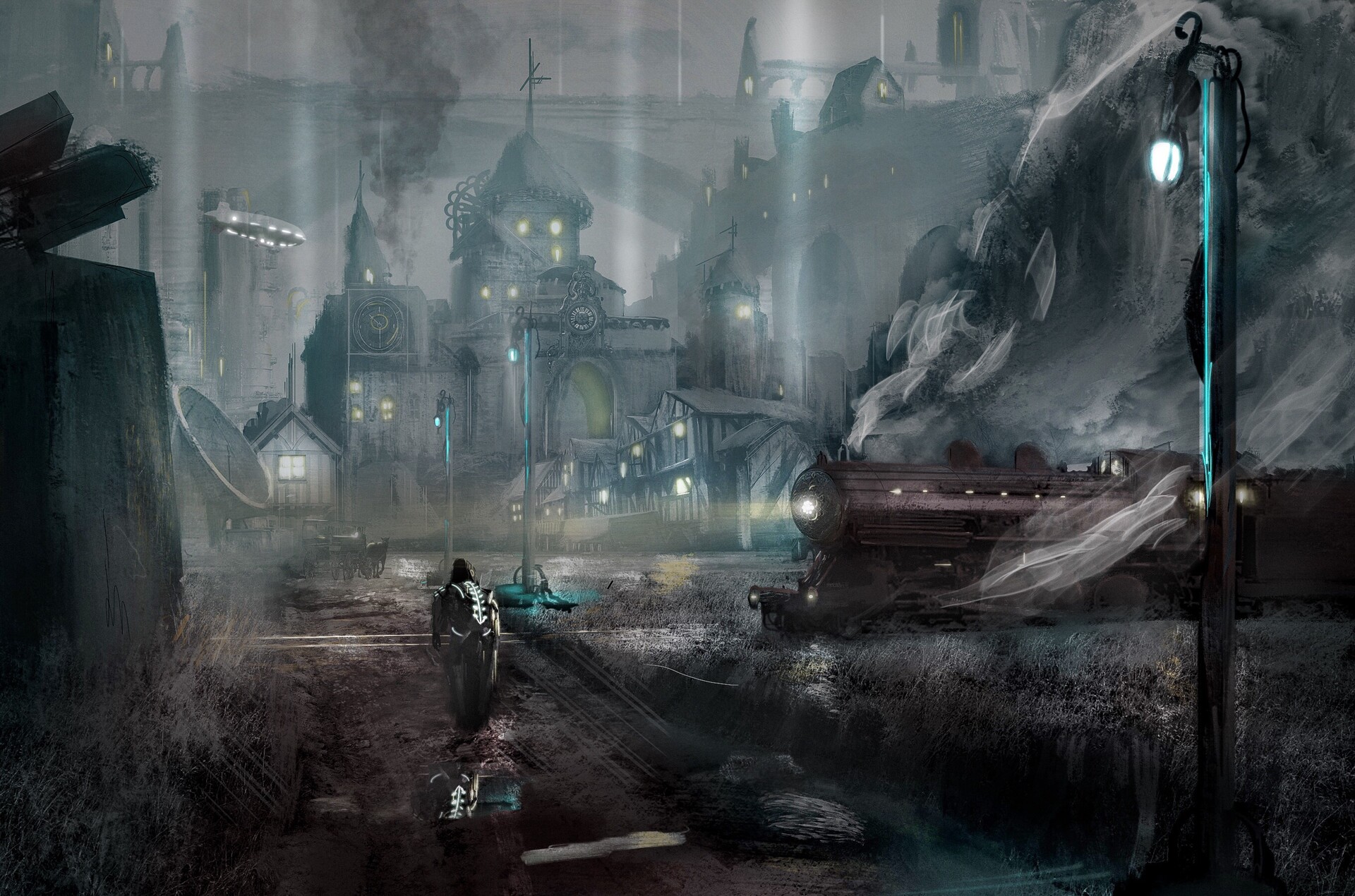 Steampunk city with a train and a person HD Wallpaper