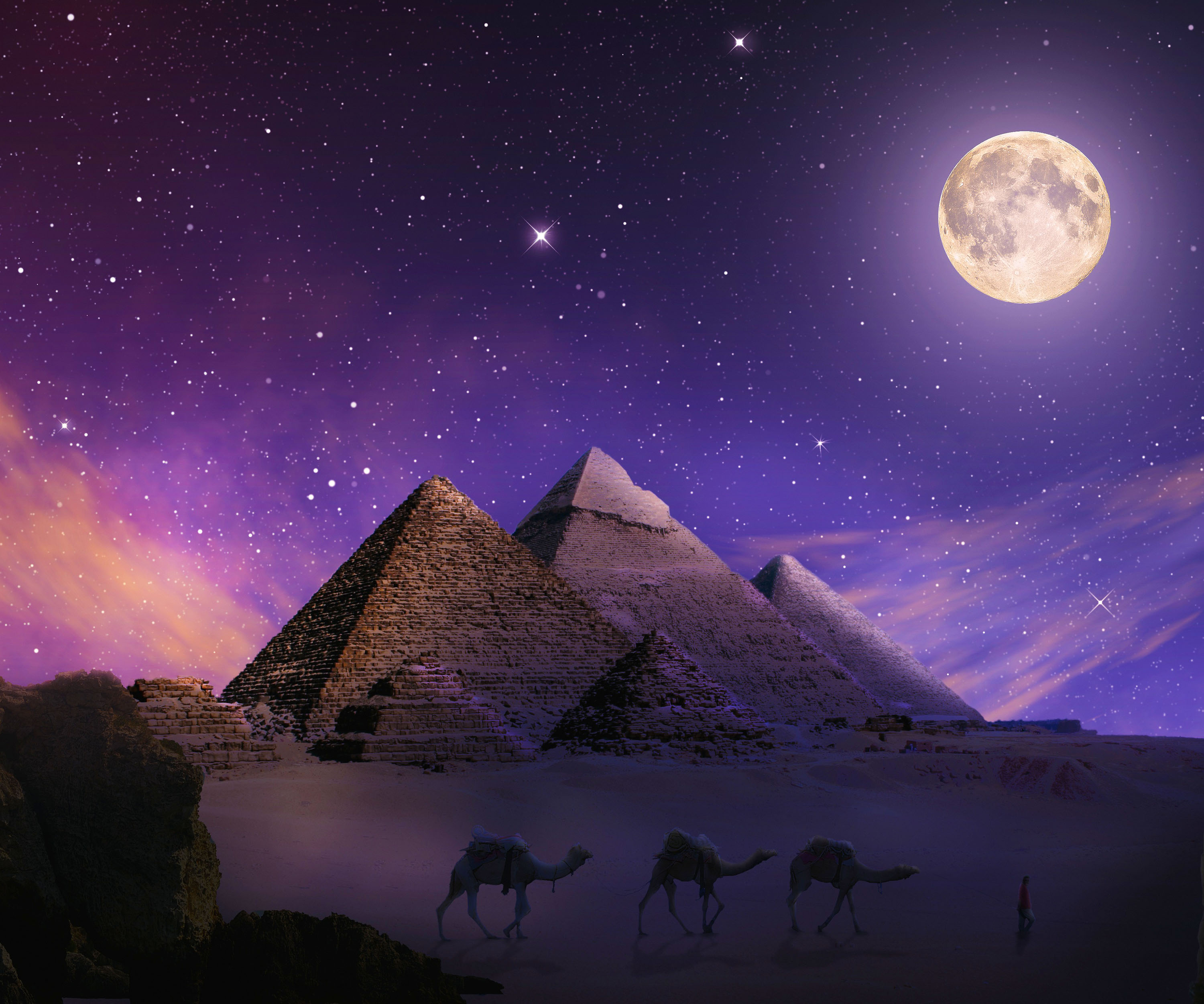 Pyramids of Egypt under a starry night sky with a full moon HD Wallpaper