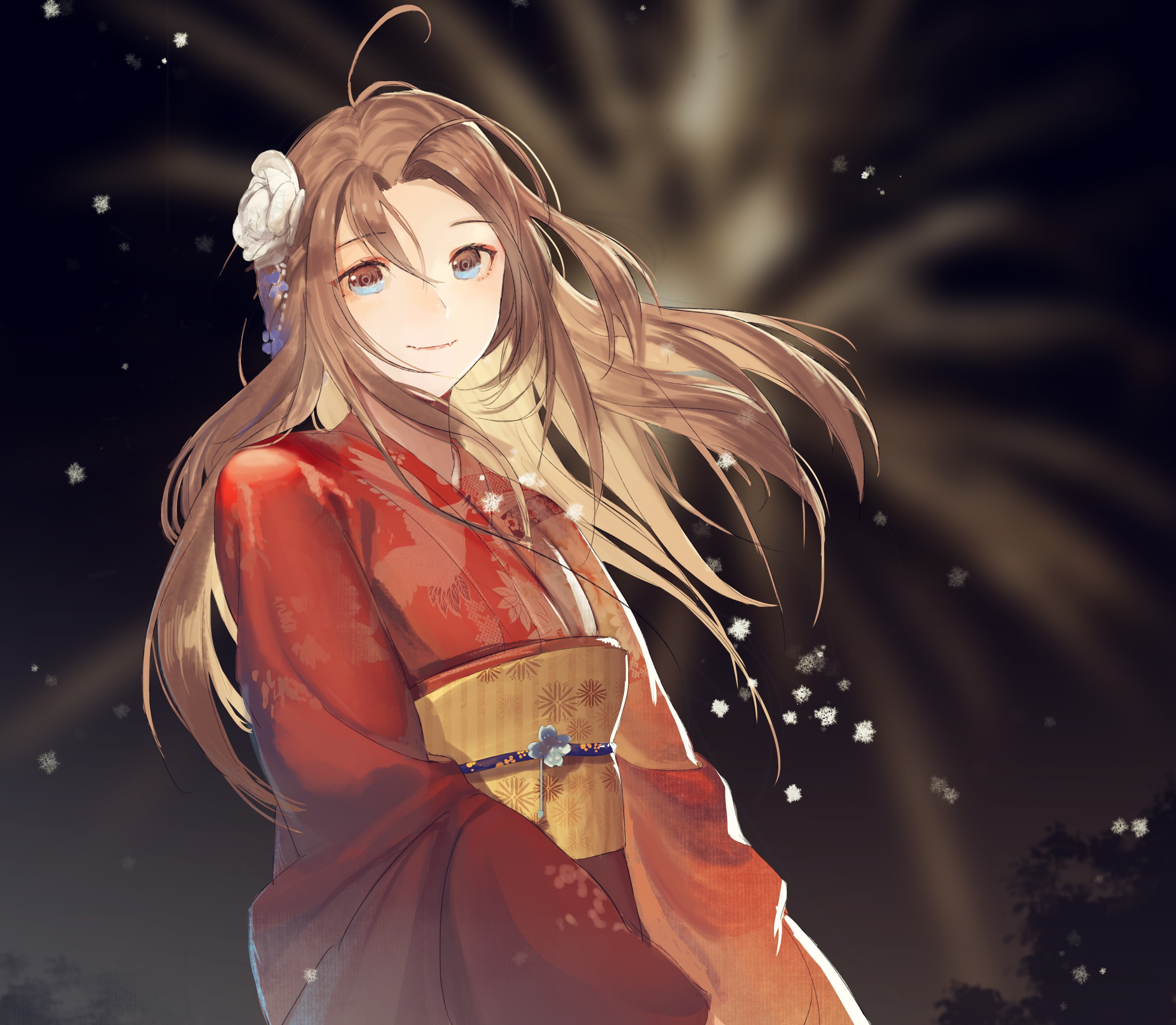 Girl in a Red Kimono with Flower Hair Clip HD Wallpaper