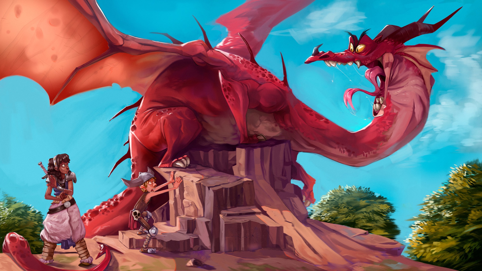 Red Dragon confronts a girl and a boy HD Wallpaper