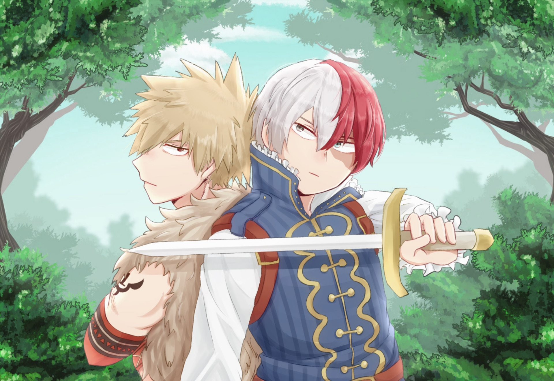 Katsuki Bakugou and Shoto Todoroki with a sword HD Wallpaper