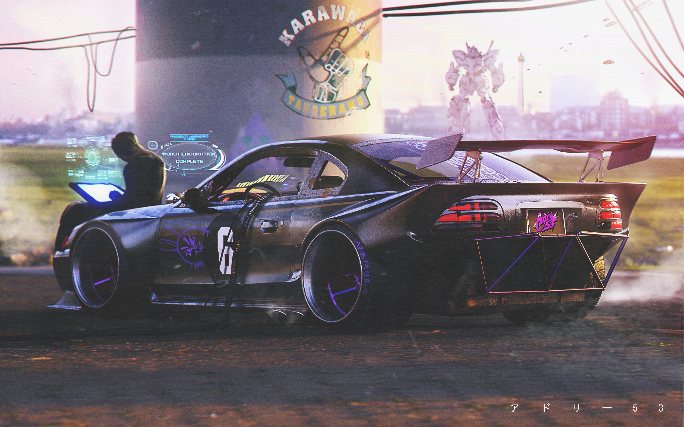 Cyberpunk car with robot and person HD Wallpaper