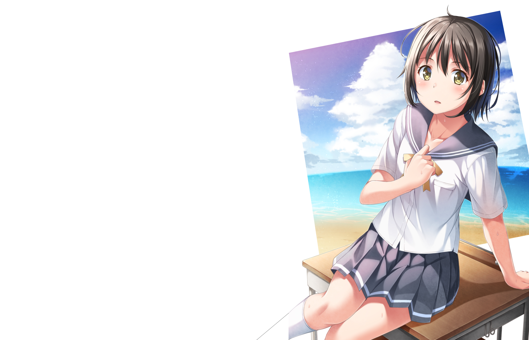 Anime girl in school uniform on a beach HD Wallpaper