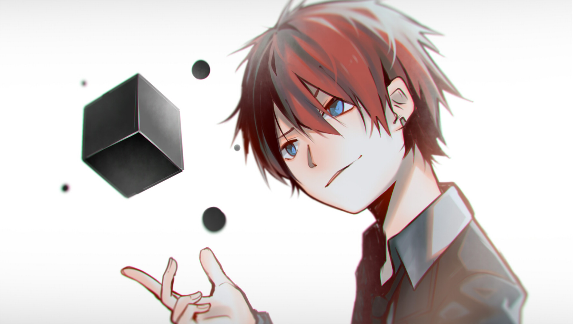 Anime boy with red hair and blue eyes and a cube HD Wallpaper