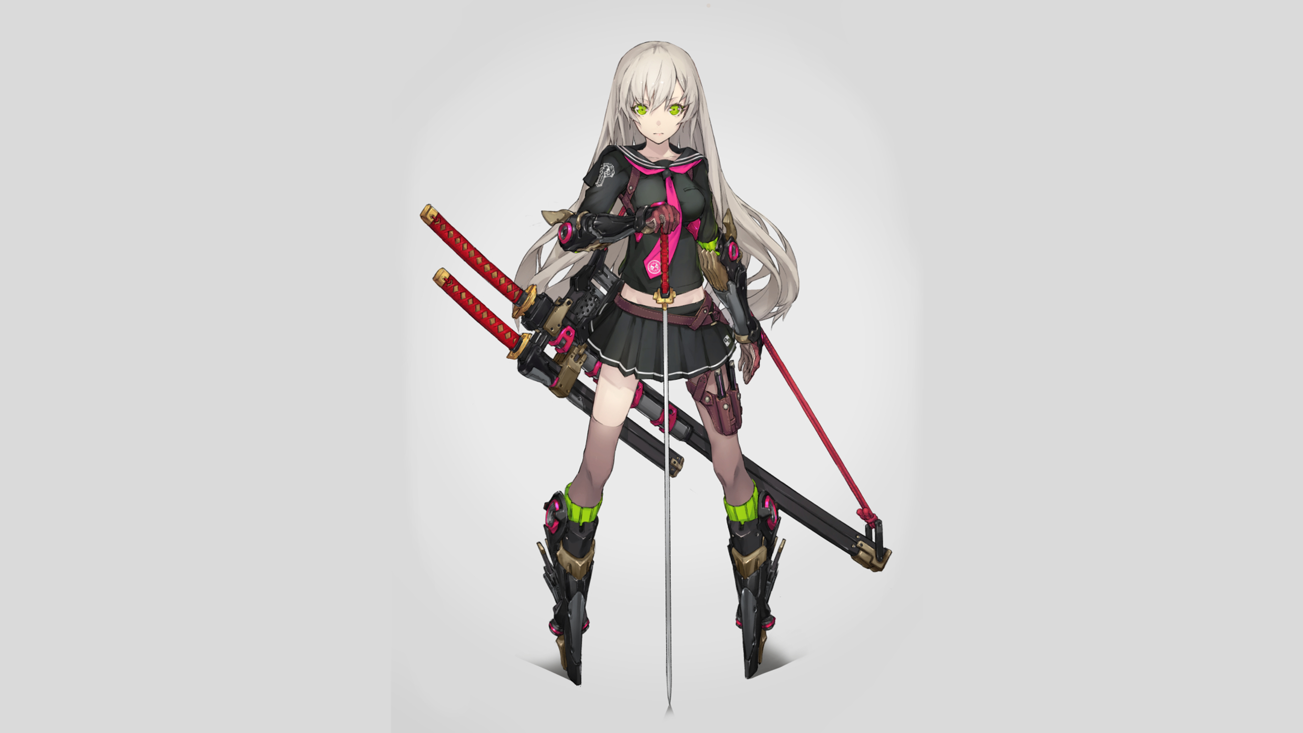 Anime girl with white hair and green eyes holding swords HD Wallpaper