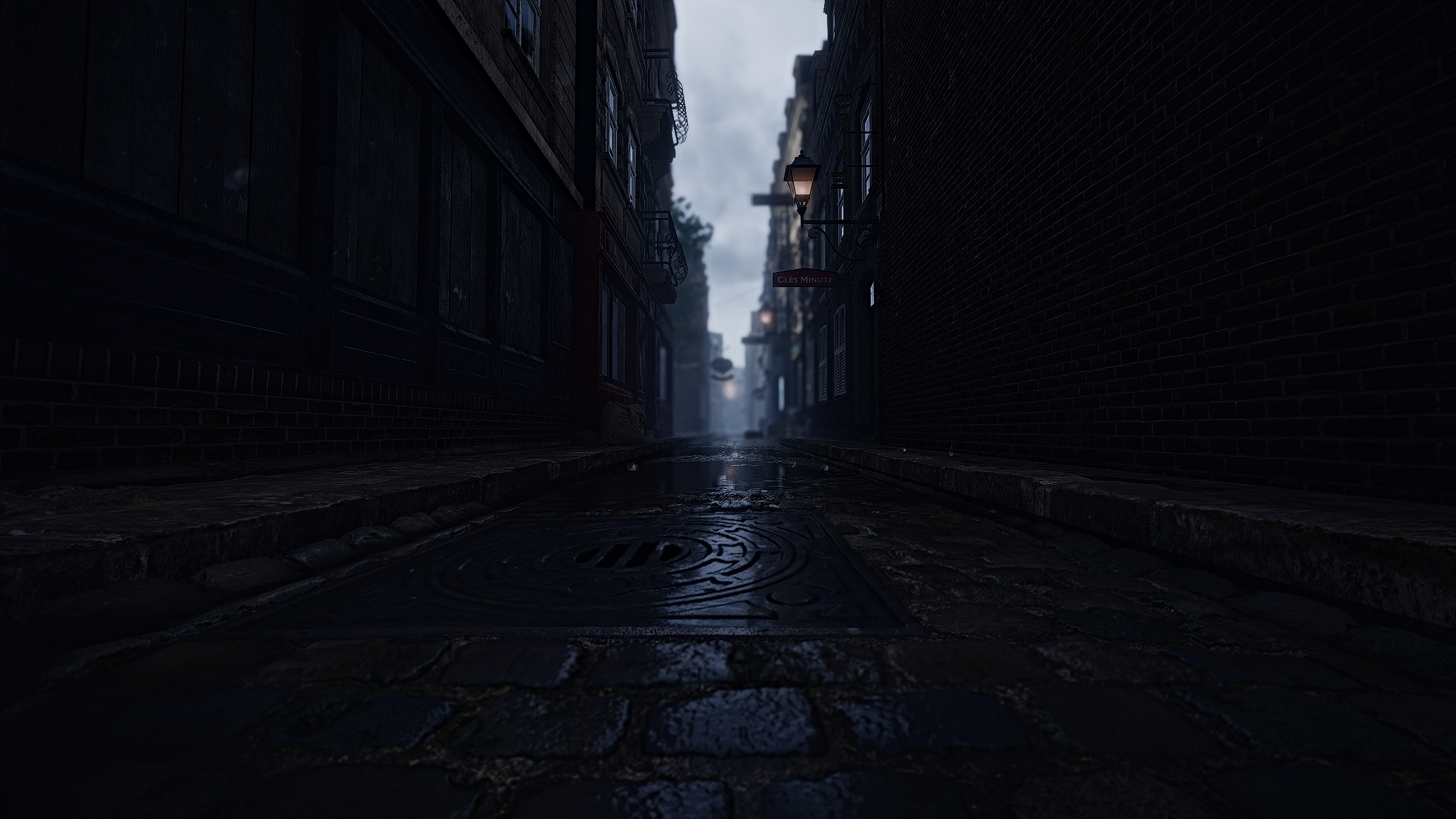 Rainy cobblestone alley with gas lamp HD Wallpaper