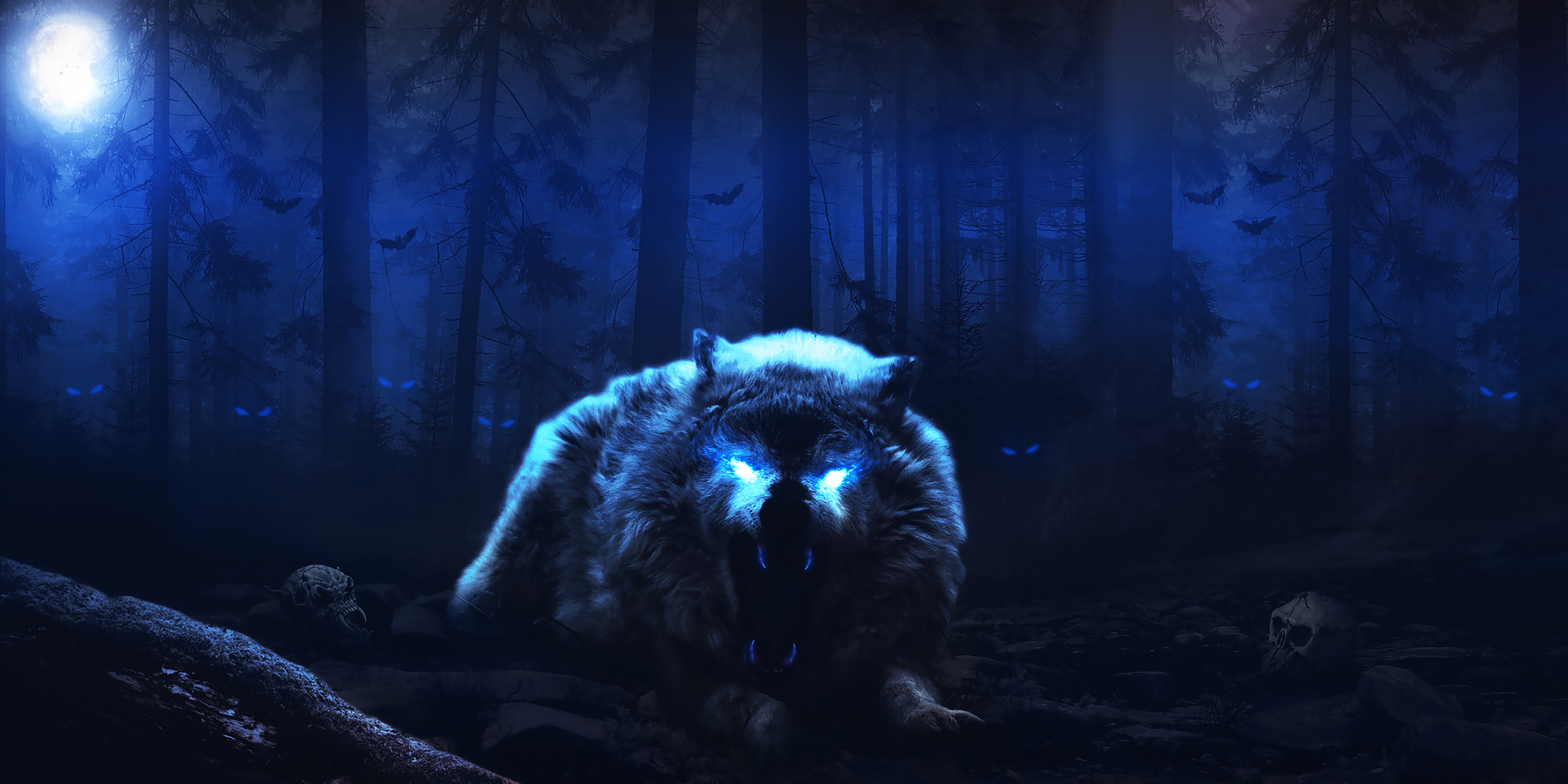 Wolf with glowing eyes in a dark forest at night HD Wallpaper
