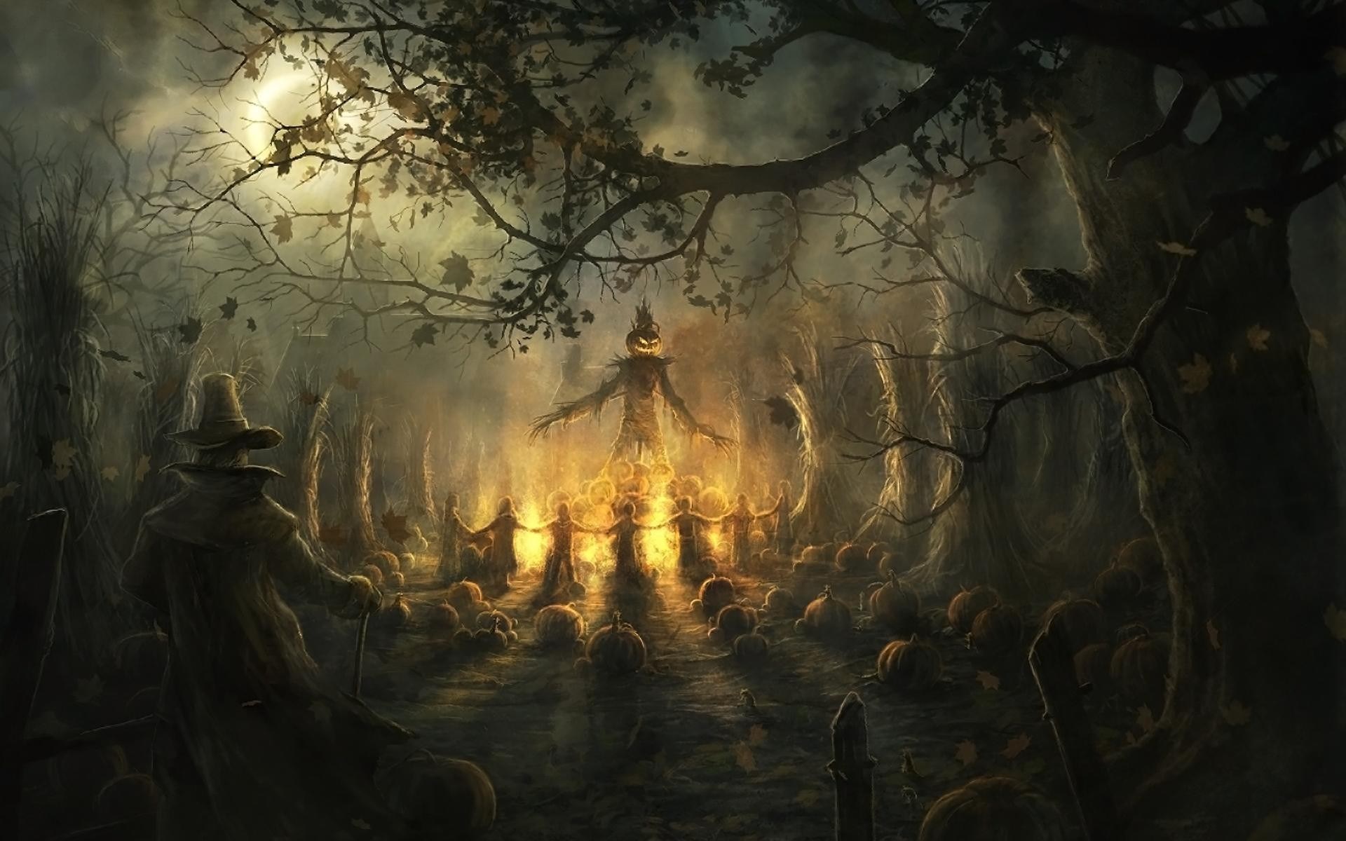 Halloween forest with scarecrow and pumpkins HD Wallpaper