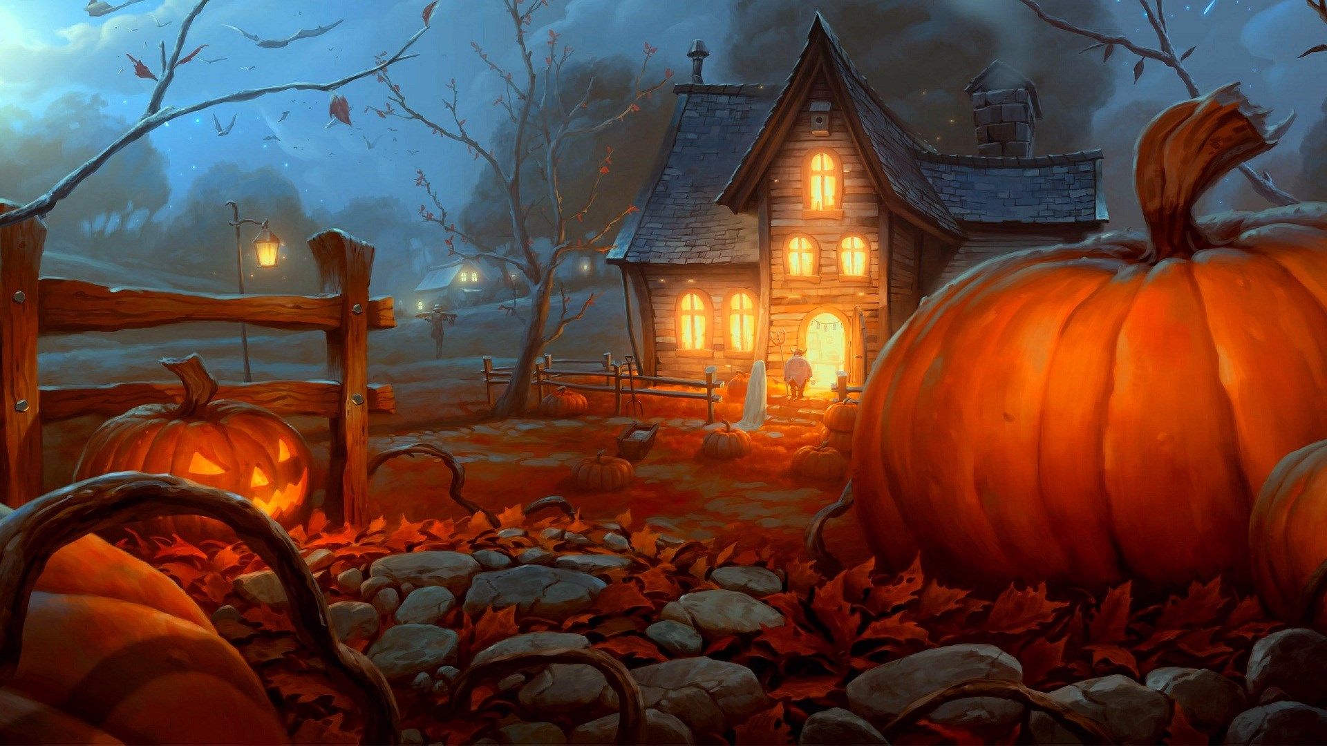 Halloween scene with pumpkins and haunted house HD Wallpaper