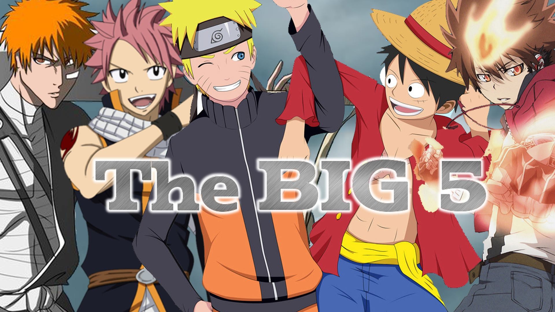 Anime characters Ichigo, Natsu, Naruto, Luffy, and Tsuna HD Wallpaper