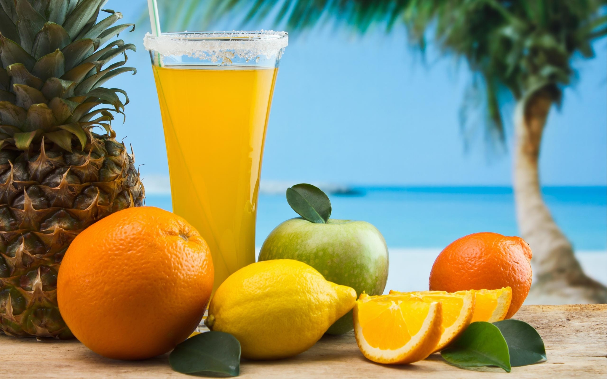 Summer fruits and juice on a beach background HD Wallpaper