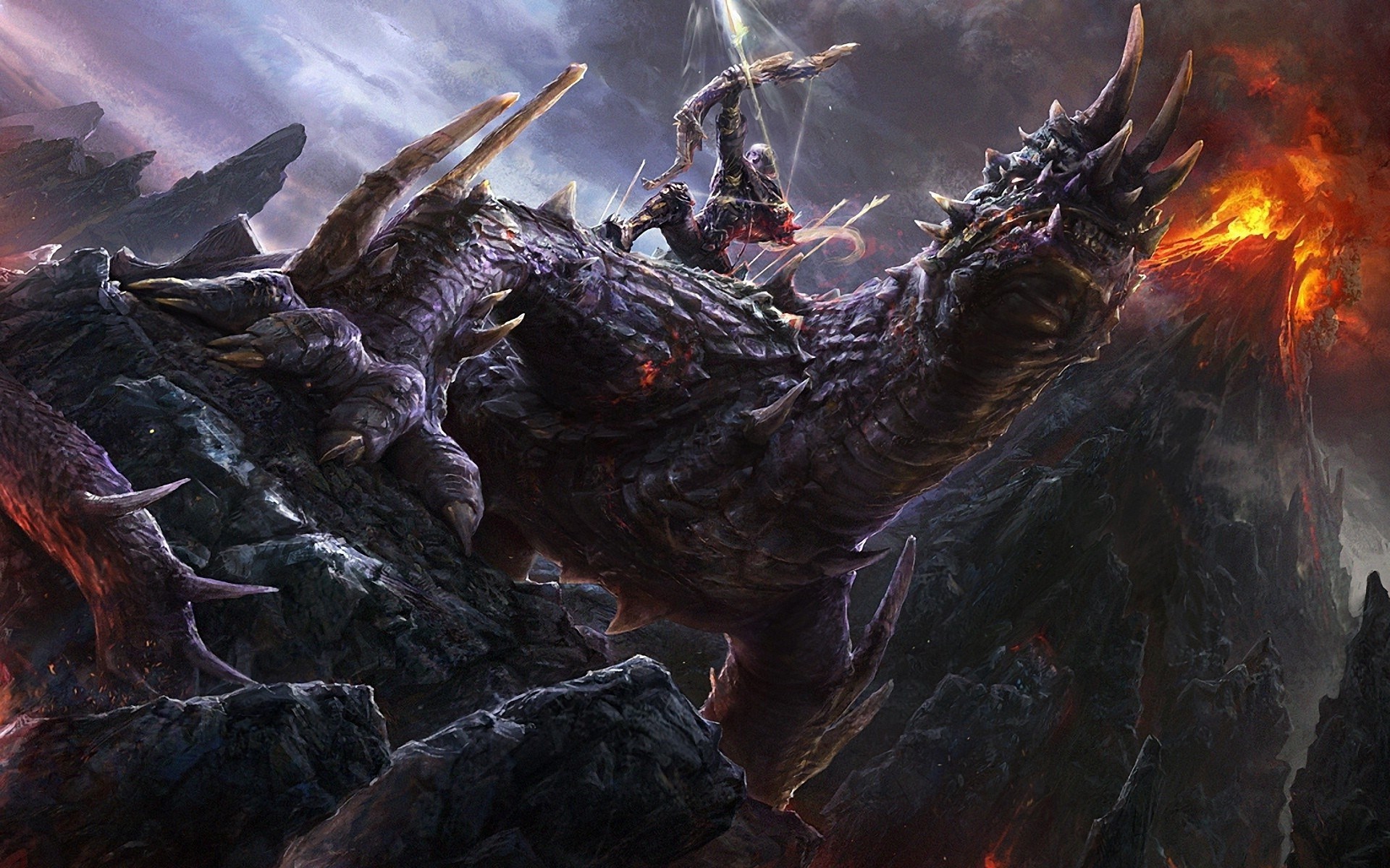 Dragon Rider with Bow and Arrow near Volcano HD Wallpaper