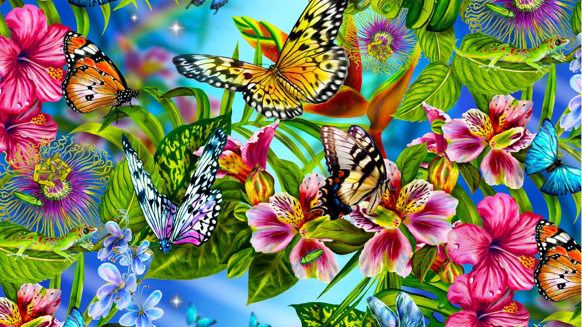 Butterflies and tropical flowers with lizards HD Wallpaper