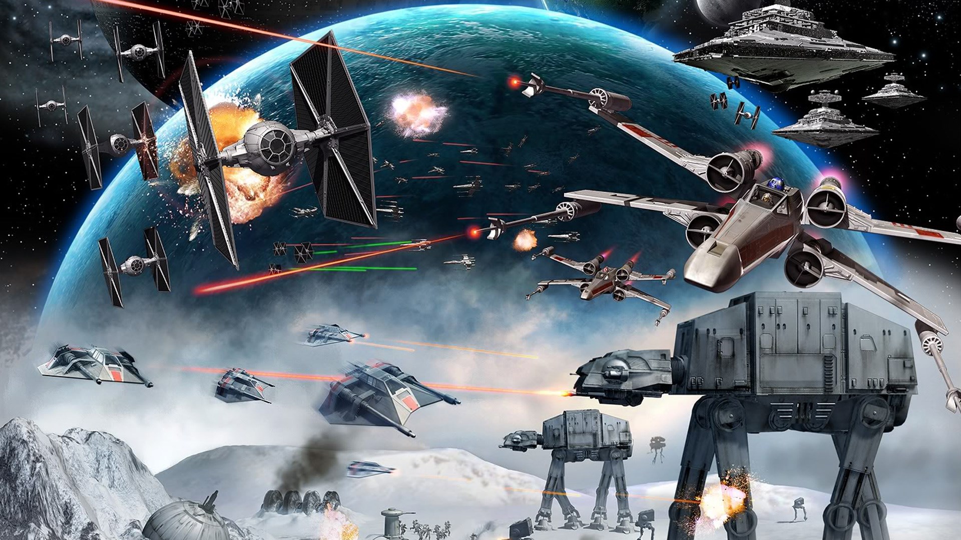 Star Wars space battle with AT-ATs on a planet HD Wallpaper