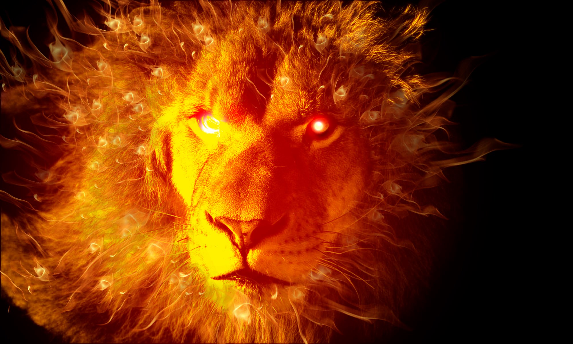 Lion with fiery mane and glowing red eyes HD Wallpaper
