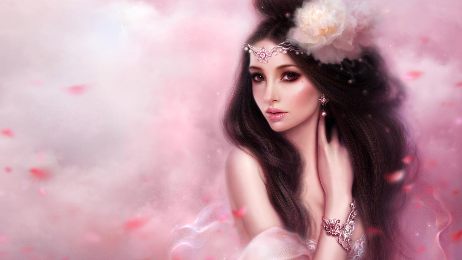 Fantasy woman with flower in hair and pink petals HD Wallpaper