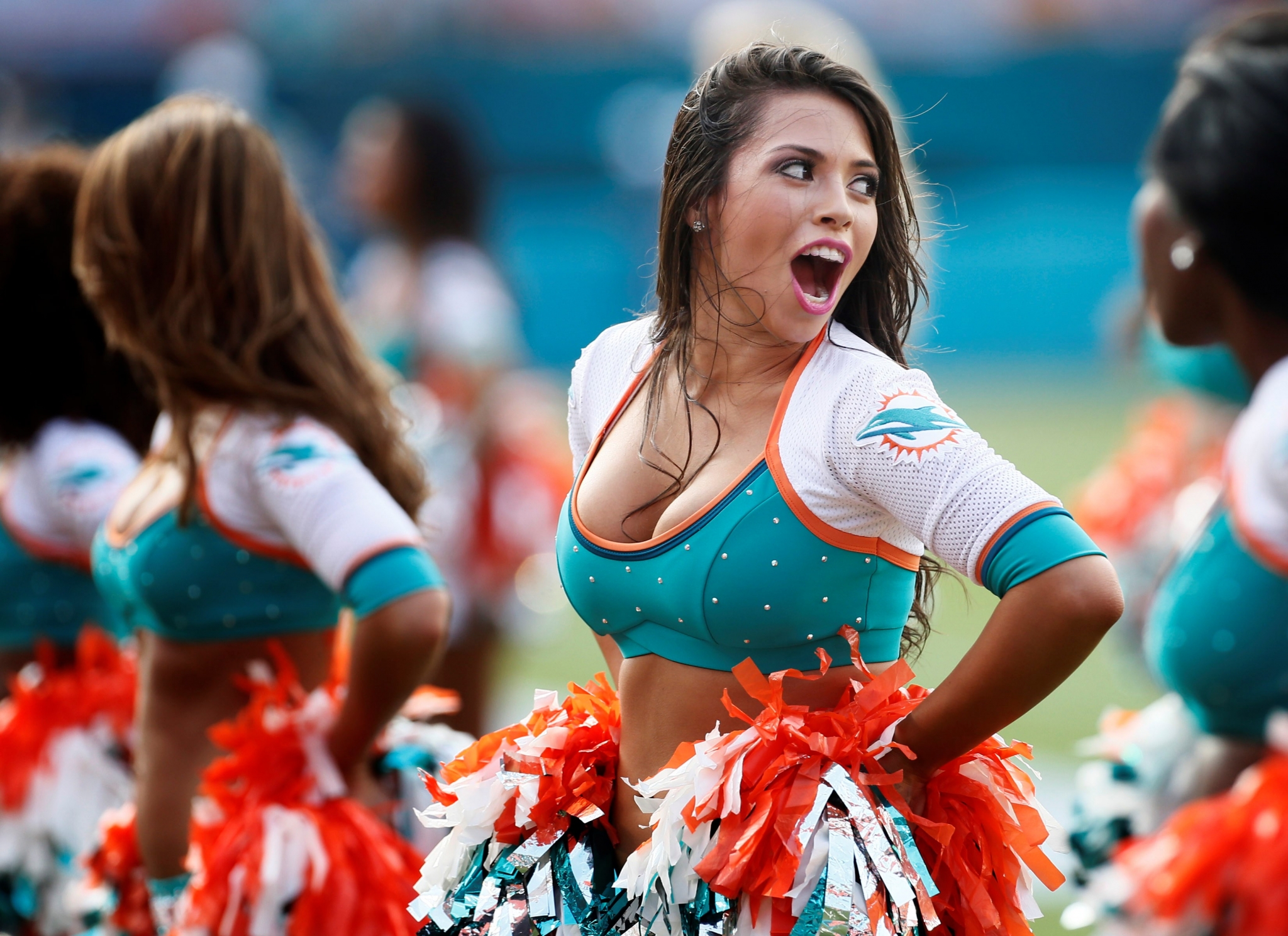 Miami Dolphins cheerleaders on the field HD Wallpaper