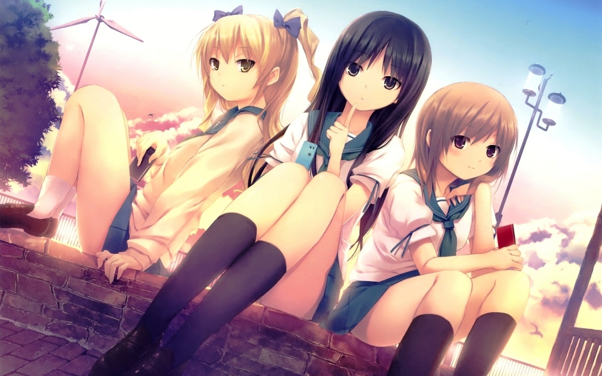 Three anime girls in school uniforms sitting on a wall HD Wallpaper