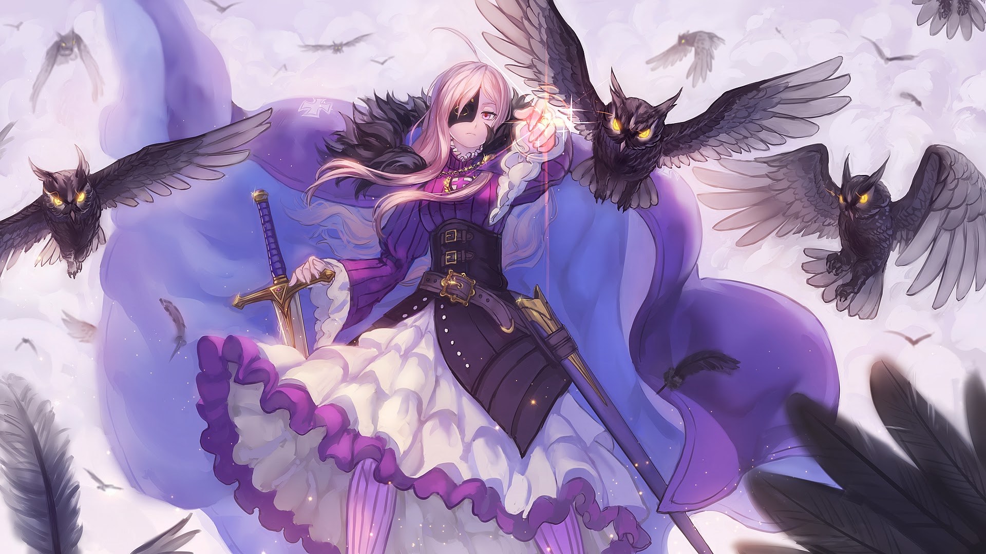 Anime girl with owls and sword HD Wallpaper
