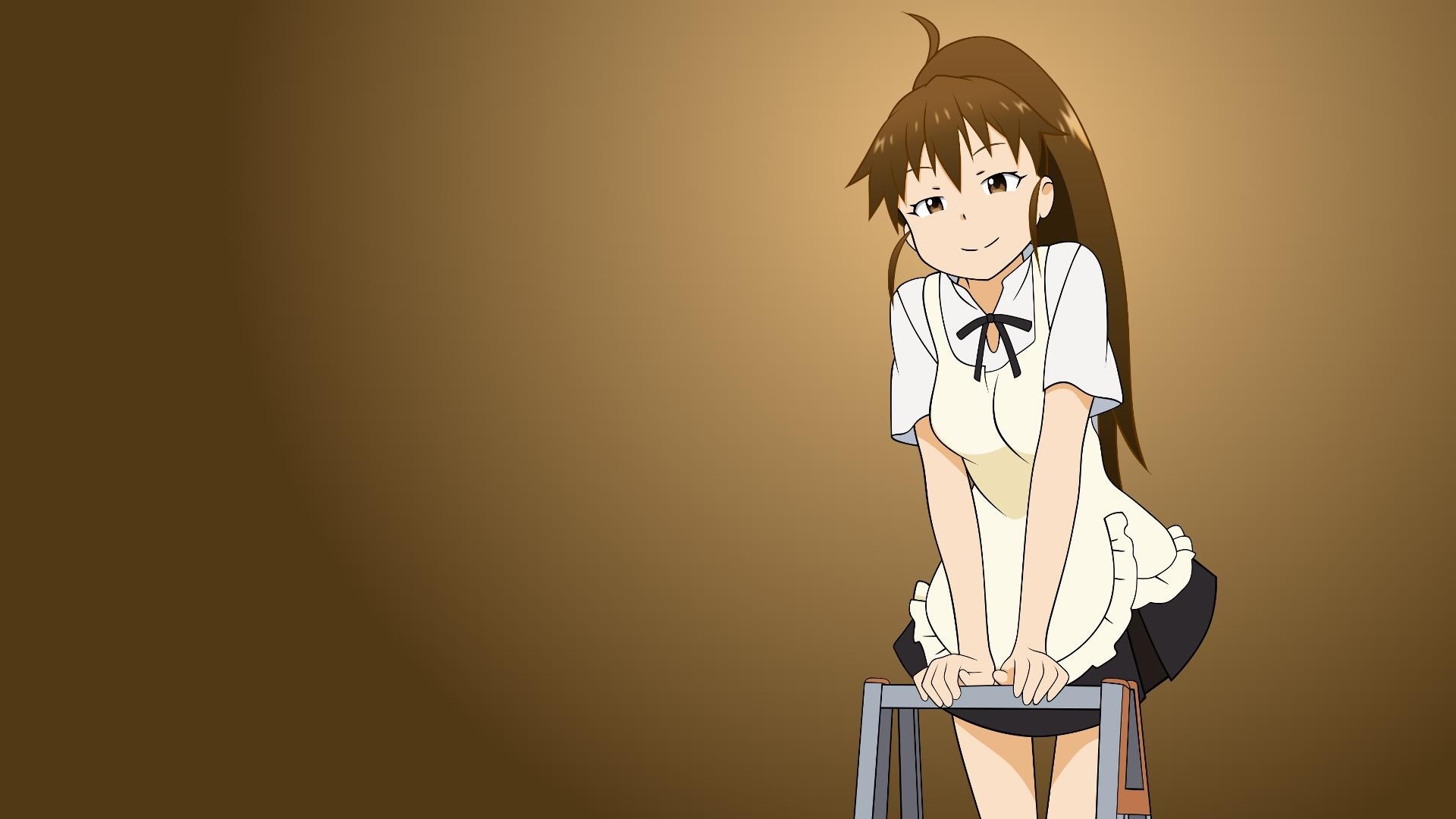 Anime girl in apron leaning on a stool HD Wallpaper