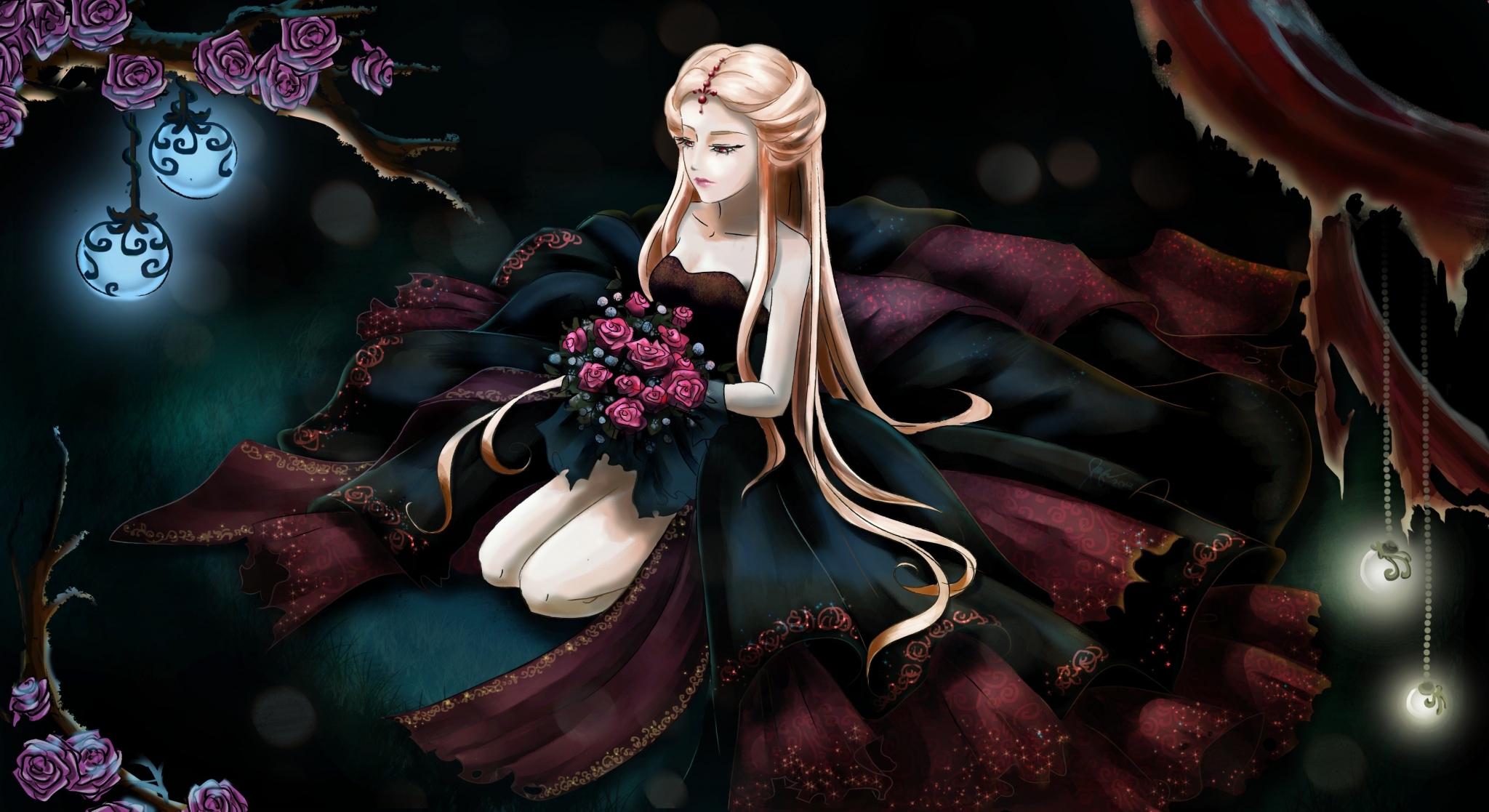 Anime girl in dark dress holding roses HD Wallpaper