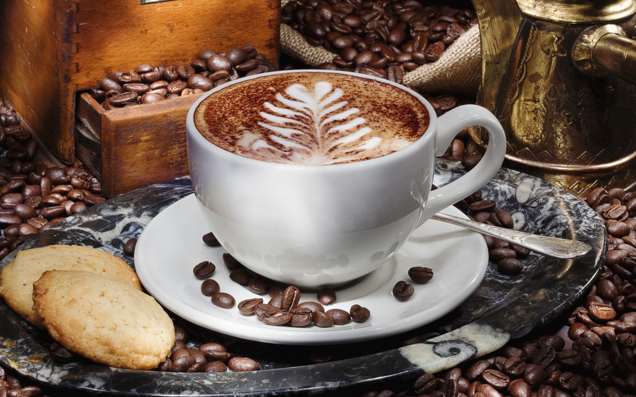 Coffee cup with latte art and cookies HD Wallpaper