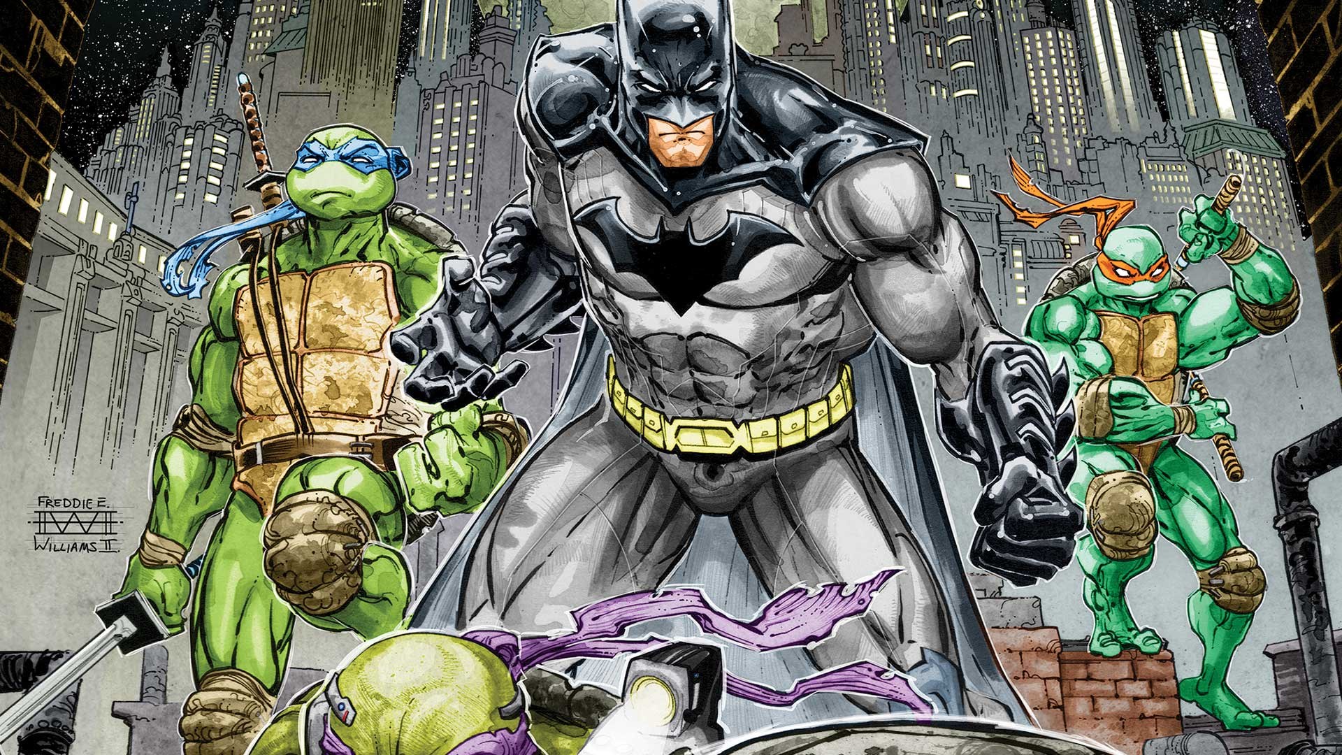 Batman and Teenage Mutant Ninja Turtles in Gotham HD Wallpaper