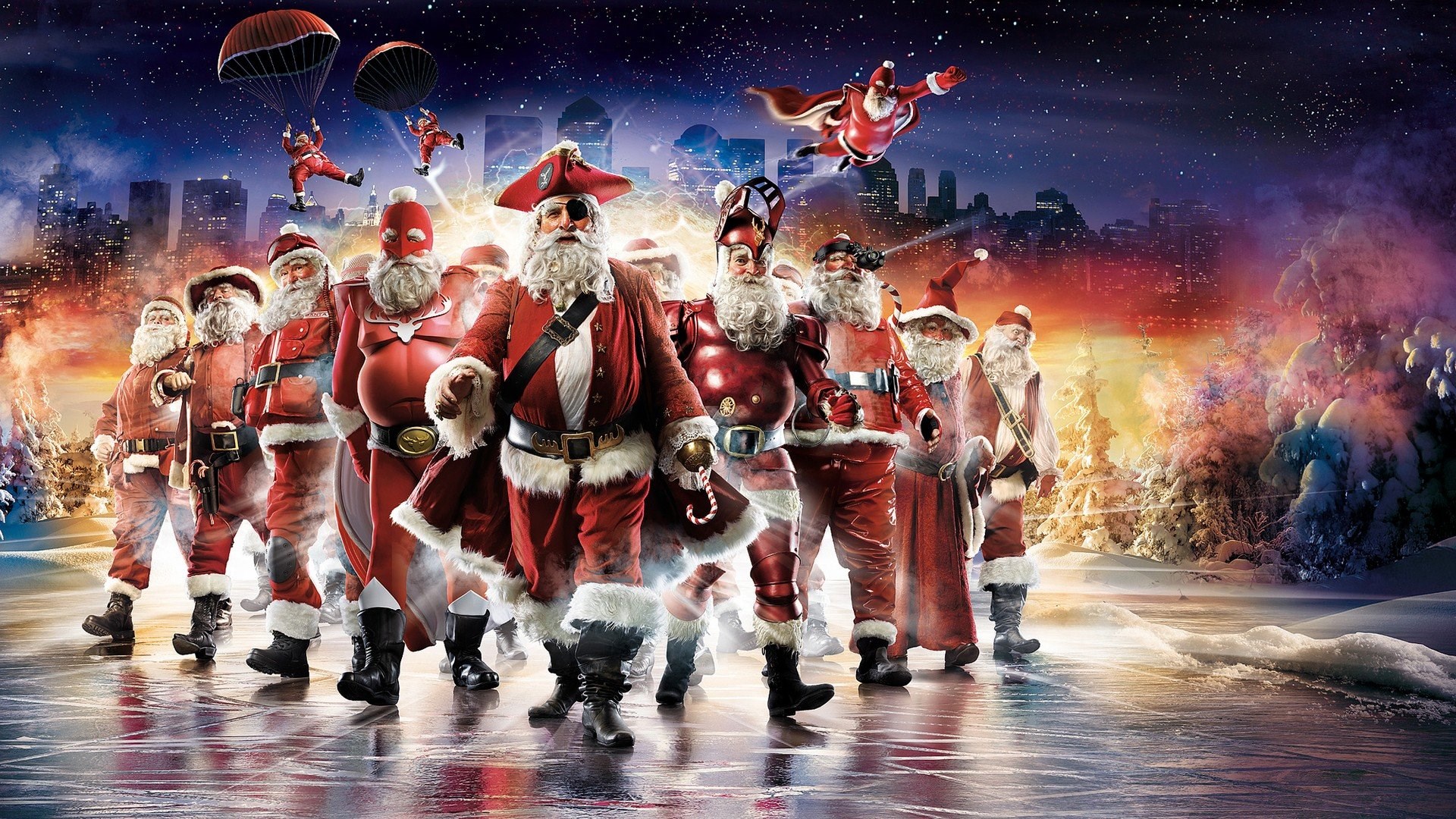 Multiple Santas in a Winter Cityscape HD Wallpaper