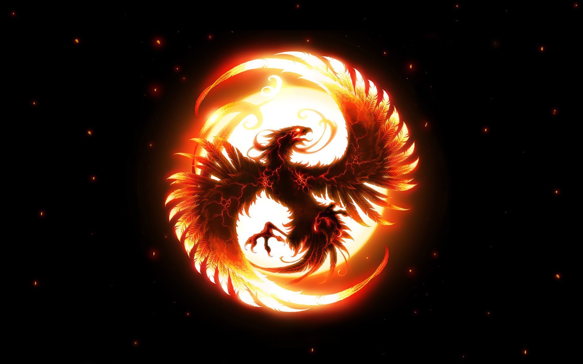 Fiery phoenix in front of a glowing moon HD Wallpaper