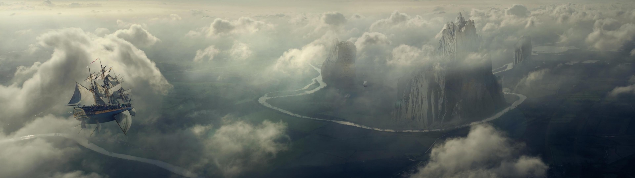 Fantasy airship flying over clouds and mountains HD Wallpaper