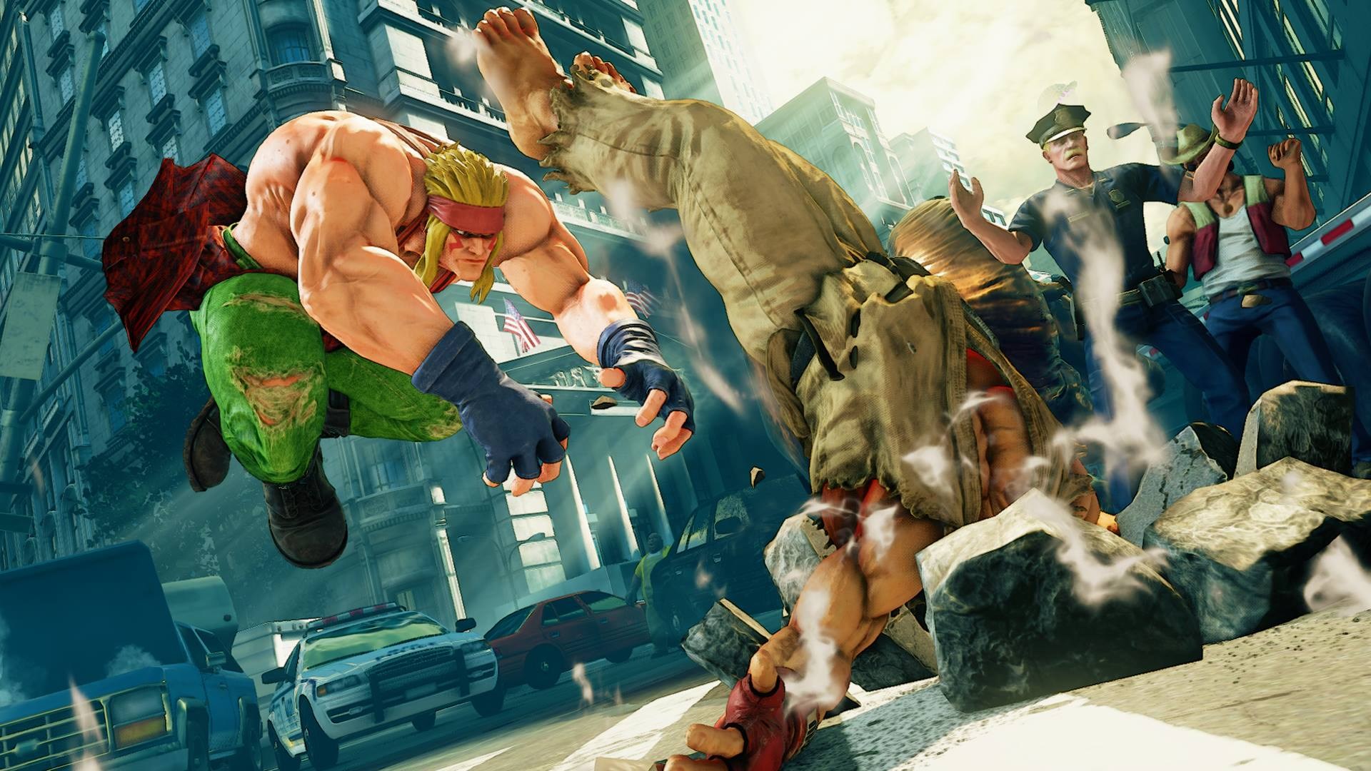 Guile from Street Fighter fighting in a city street HD Wallpaper