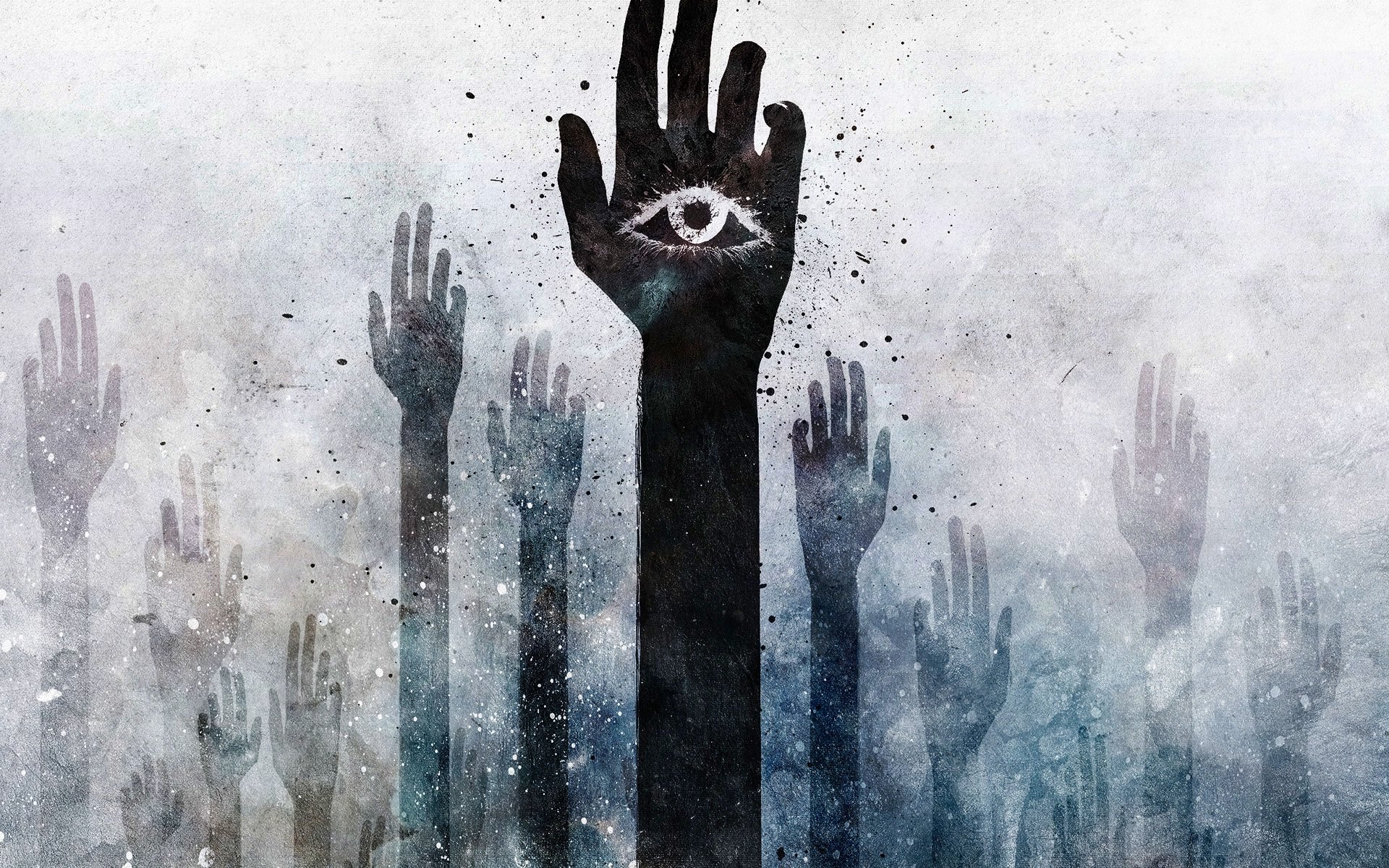 Silhouette hands raised with an eye on one hand HD Wallpaper
