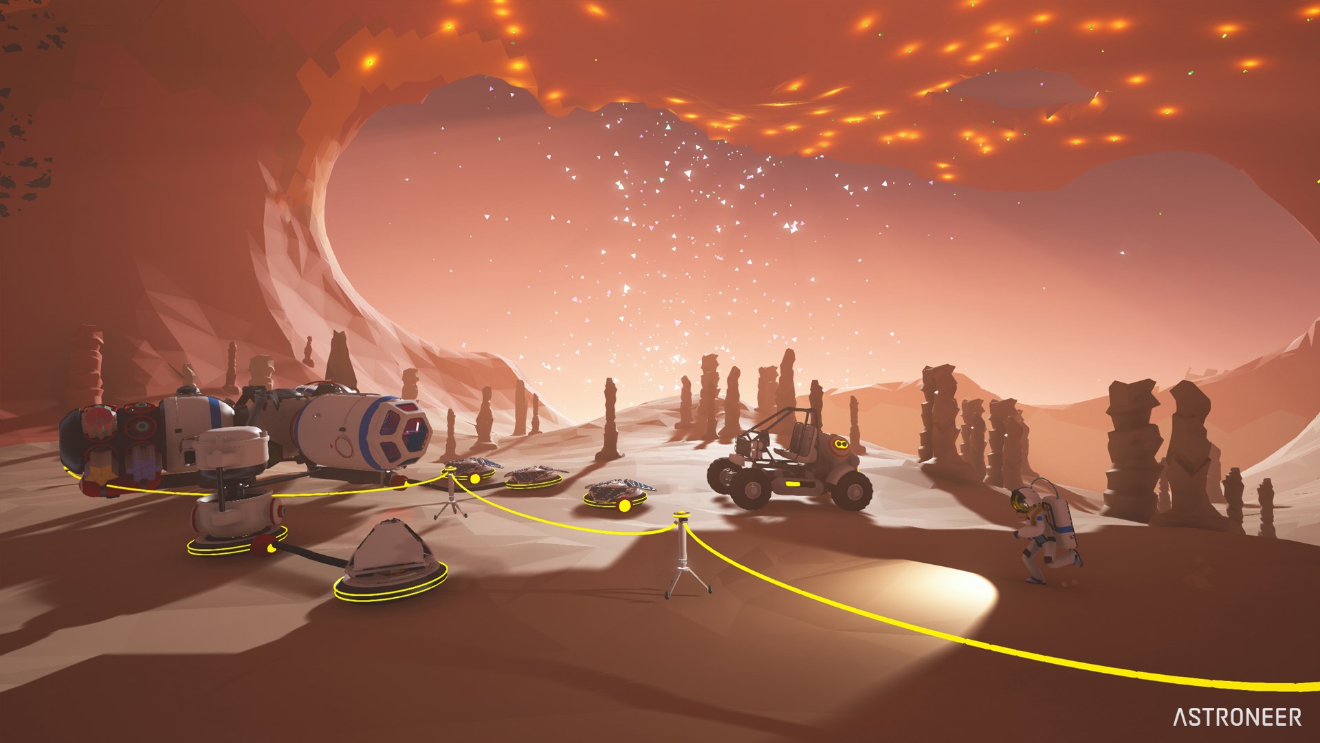 Astroneer base with rover and astronaut on alien planet HD Wallpaper