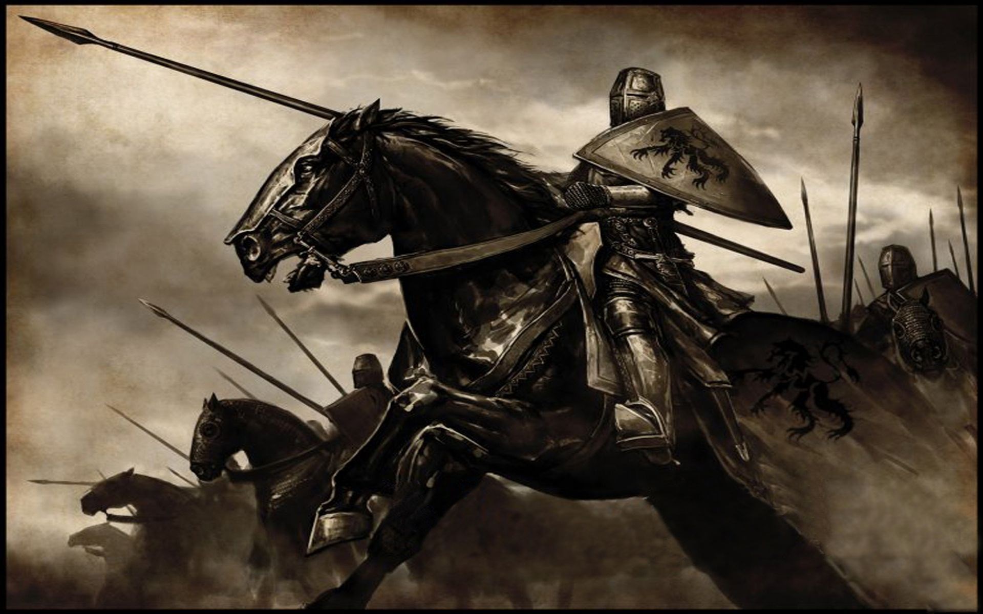 Knights on horseback charging with spears HD Wallpaper