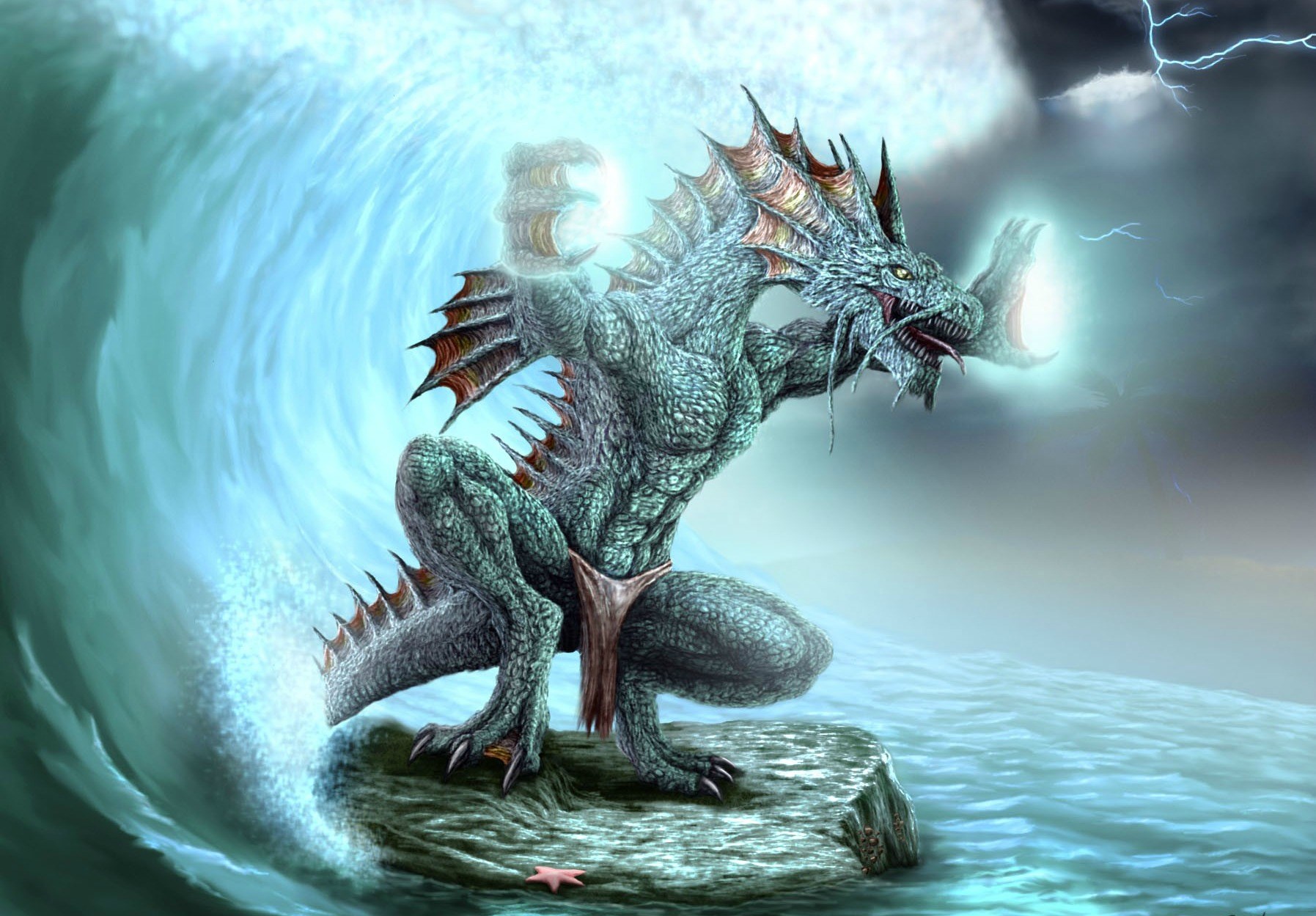 Sea dragon conjuring magic on a rock amidst a wave HD Wallpaper