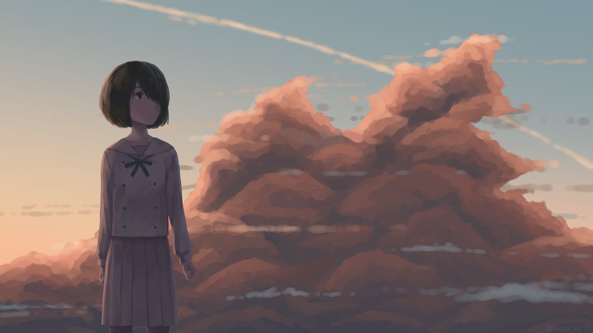 Girl in school uniform looking at clouds HD Wallpaper